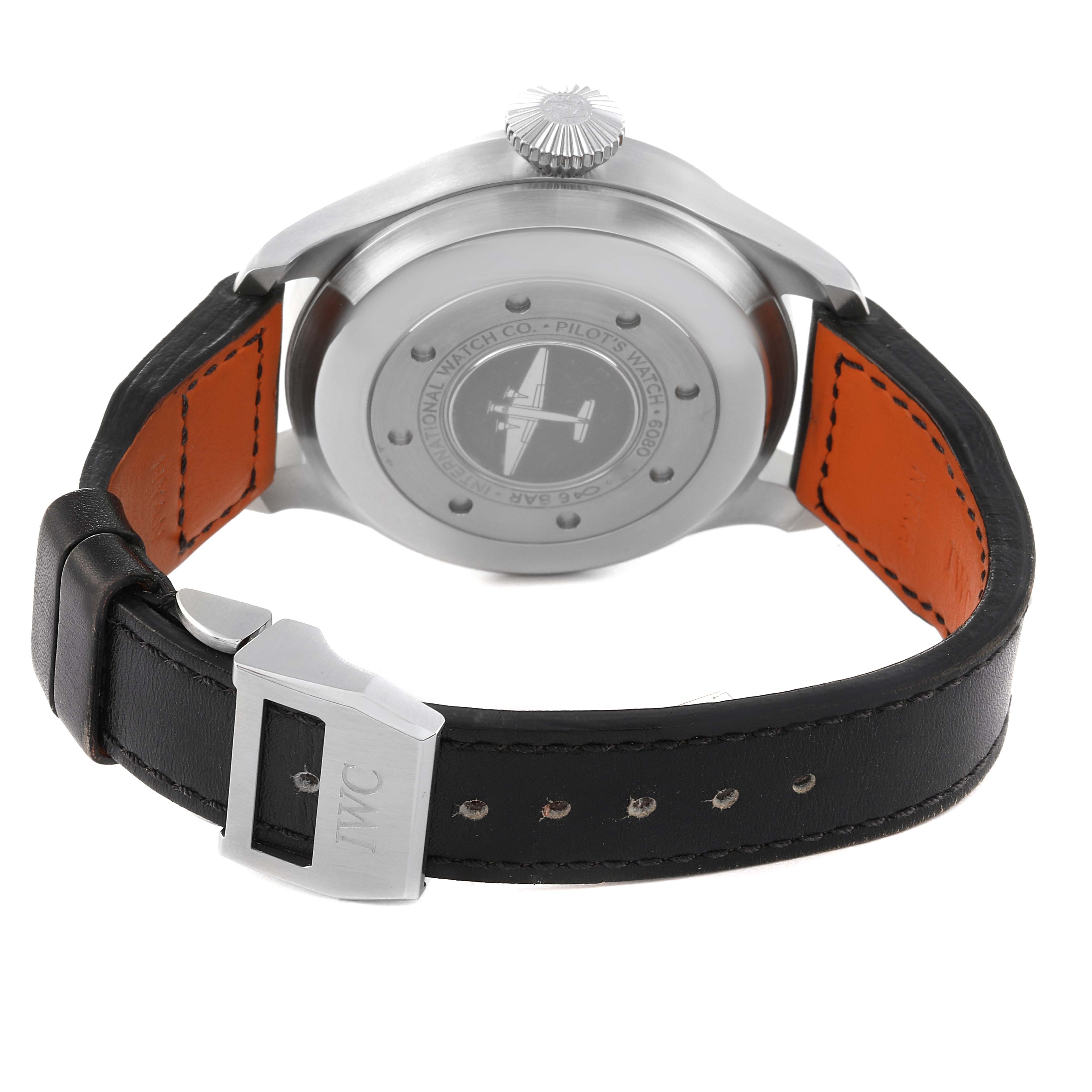 The image shows the back case and leather strap with the clasp of the IWC Pilot IW500912 Men's Stainless Steel Black Dial IW500912 Men's Stainless Steel Black Dial model watch.