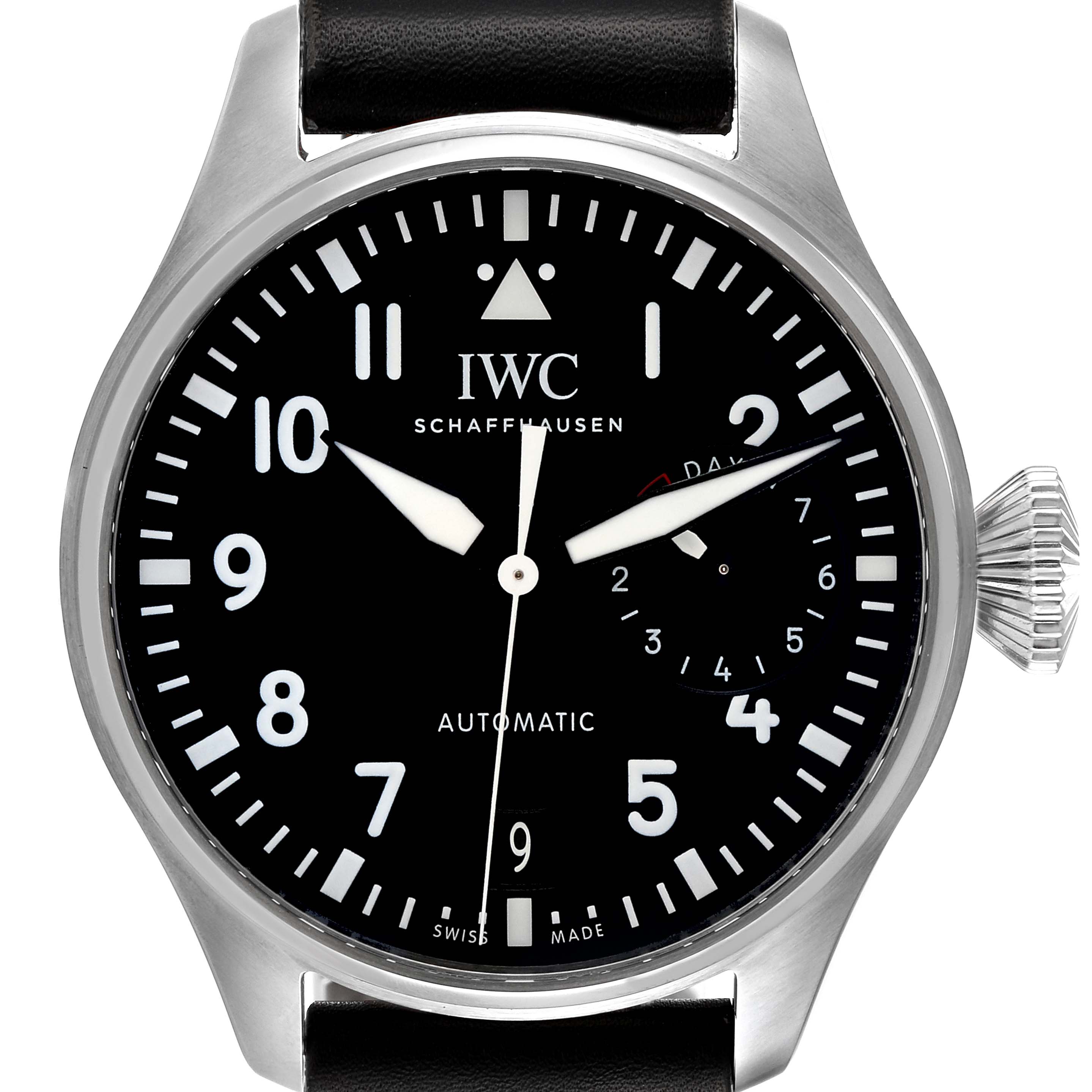 This image shows a front view of the IWC Pilot IW500912 Men's Stainless Steel Black Dial IW500912 Men's Stainless Steel Black Dial model watch, displaying the dial, hands, crown, and partially the leather strap.