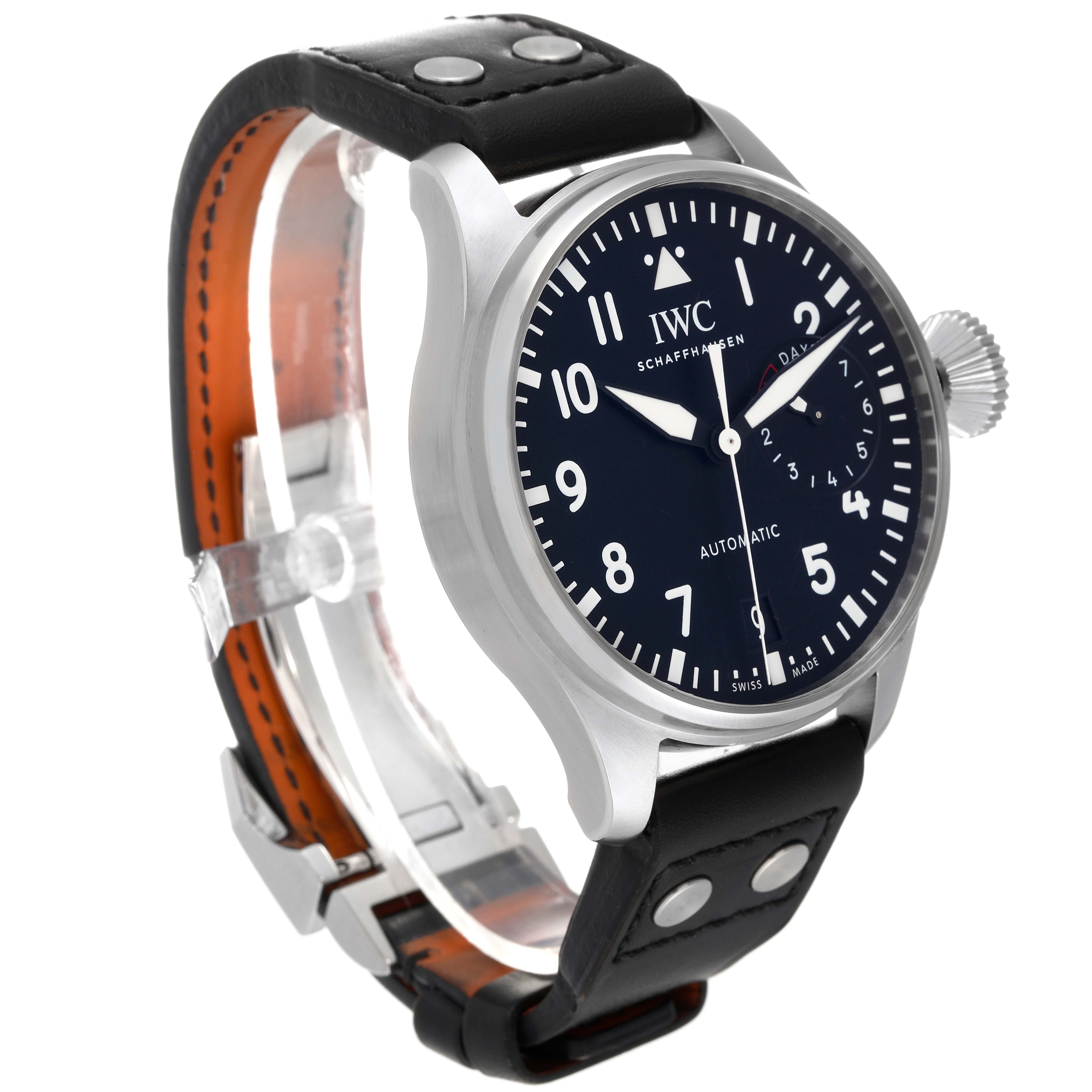 The image shows an angled view of the IWC Pilot IW500912 Men's Stainless Steel Black Dial IW500912 Men's Stainless Steel Black Dial watch, displaying its face, bezel, crown, and leather strap.