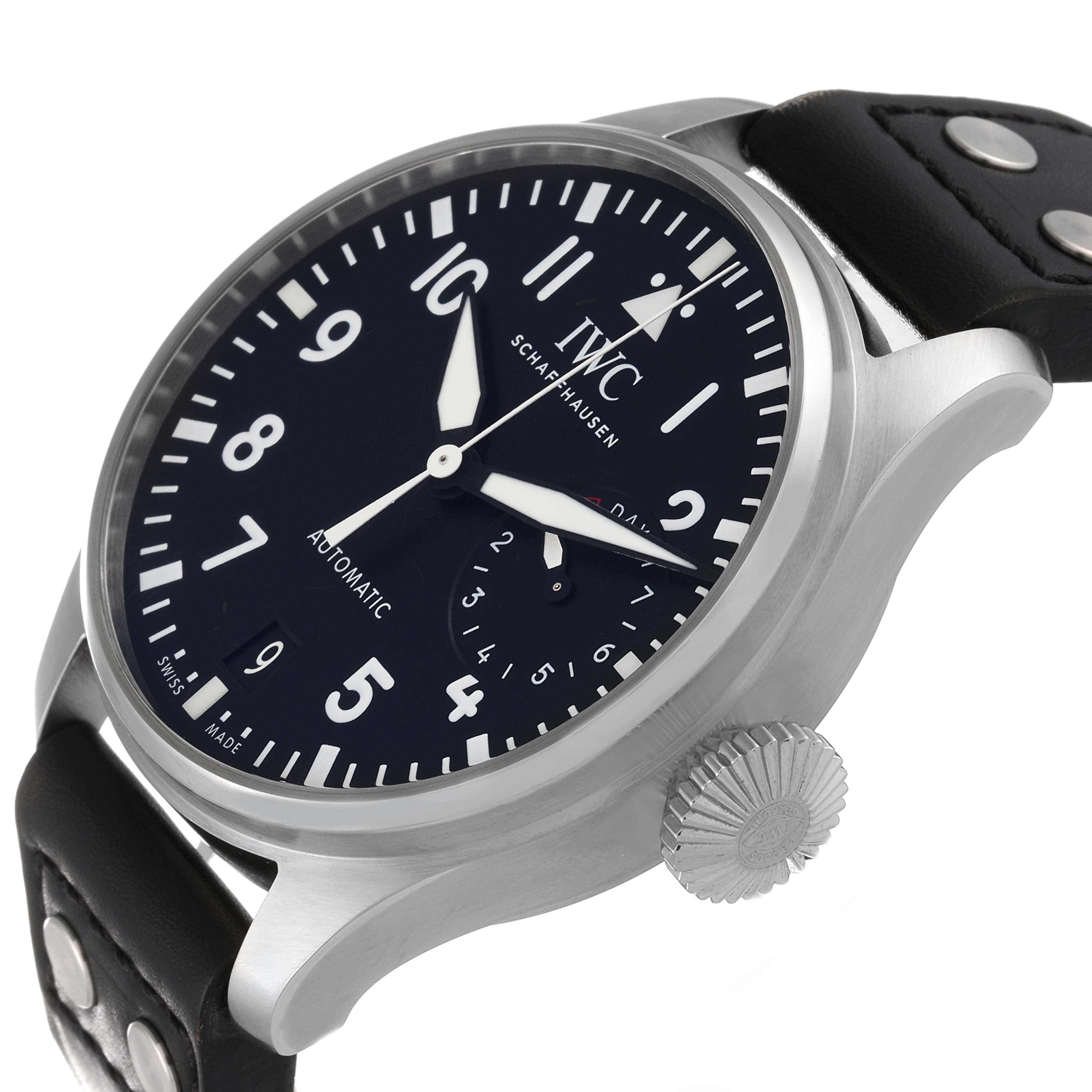 The IWC Pilot IW500912 Men's Stainless Steel Black Dial IW500912 Men's Stainless Steel Black Dial model watch is shown at an angle displaying the face, crown, and leather strap.