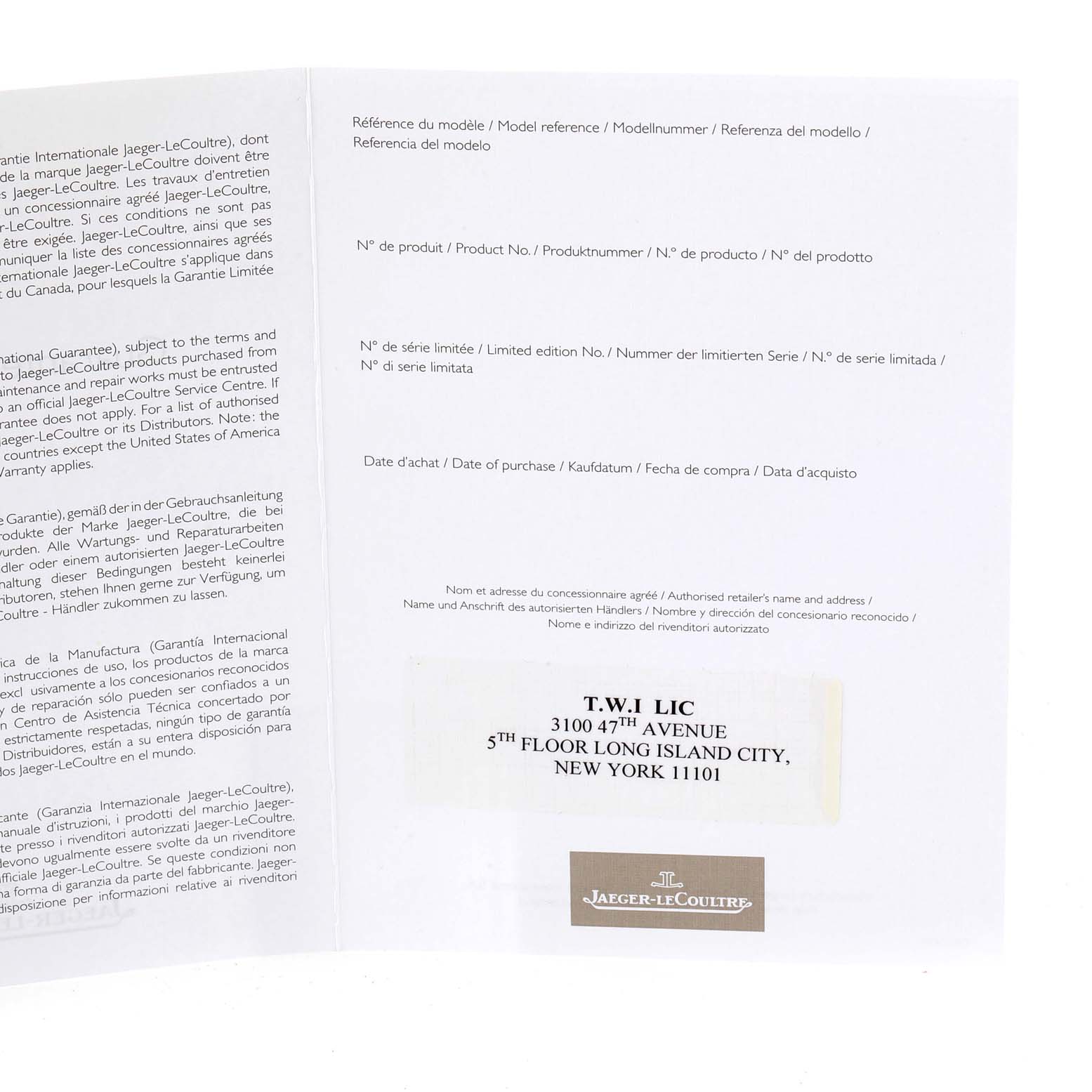 This image shows the warranty booklet and papers for a Jaeger-LeCoultre Master model watch.