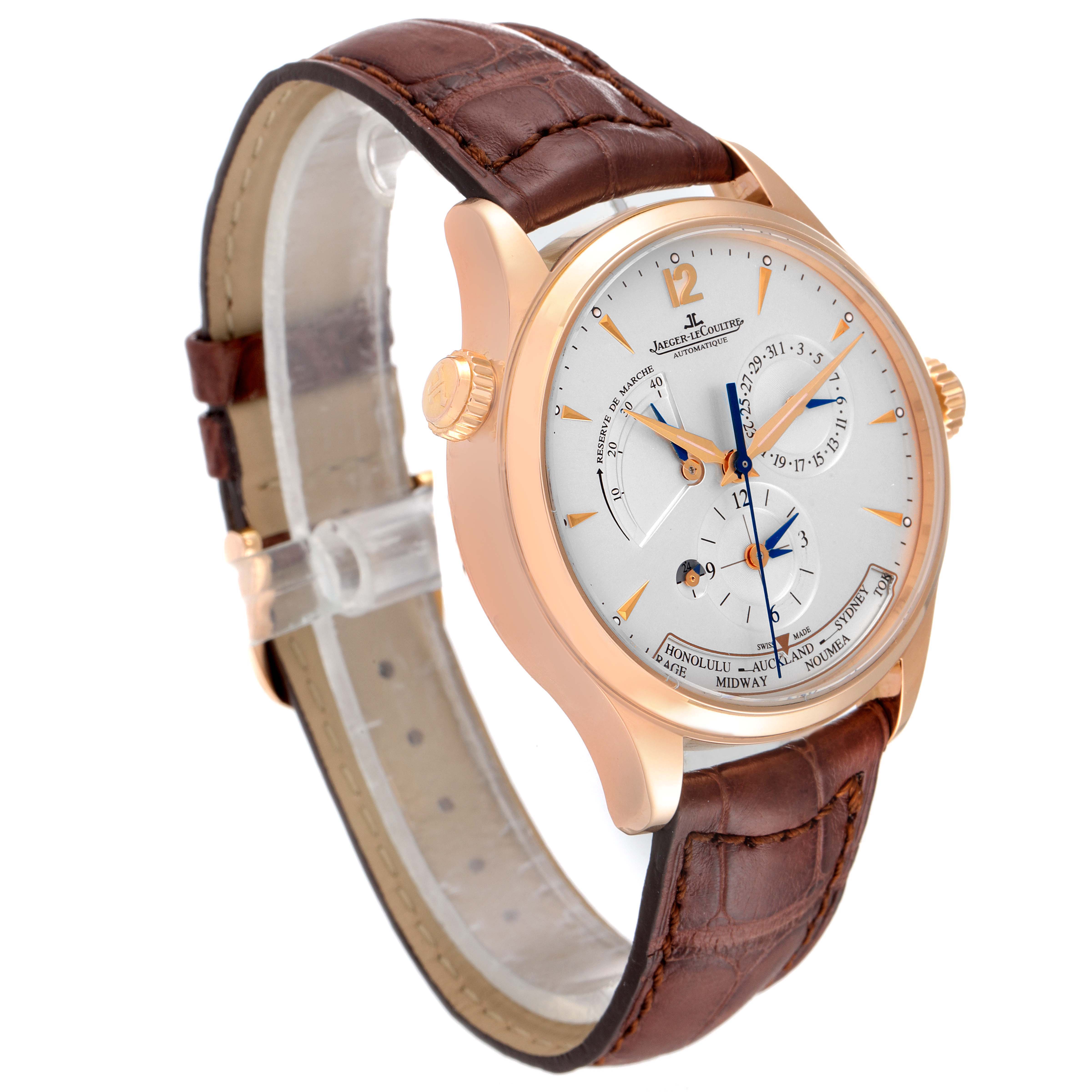 The Jaeger LeCoultre Master Q1422421 Men's Rose Gold Silver Dial Q1422421 Men's Rose Gold Silver Dial watch is shown at a slight right angle, highlighting its dial, case, crown, and leather strap.