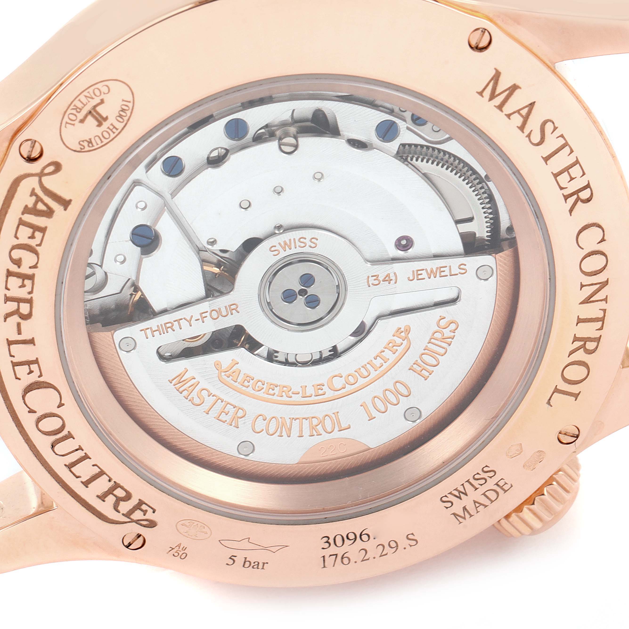 The image shows the back view of the Jaeger-LeCoultre Master Control watch, highlighting the movement and engraved details.