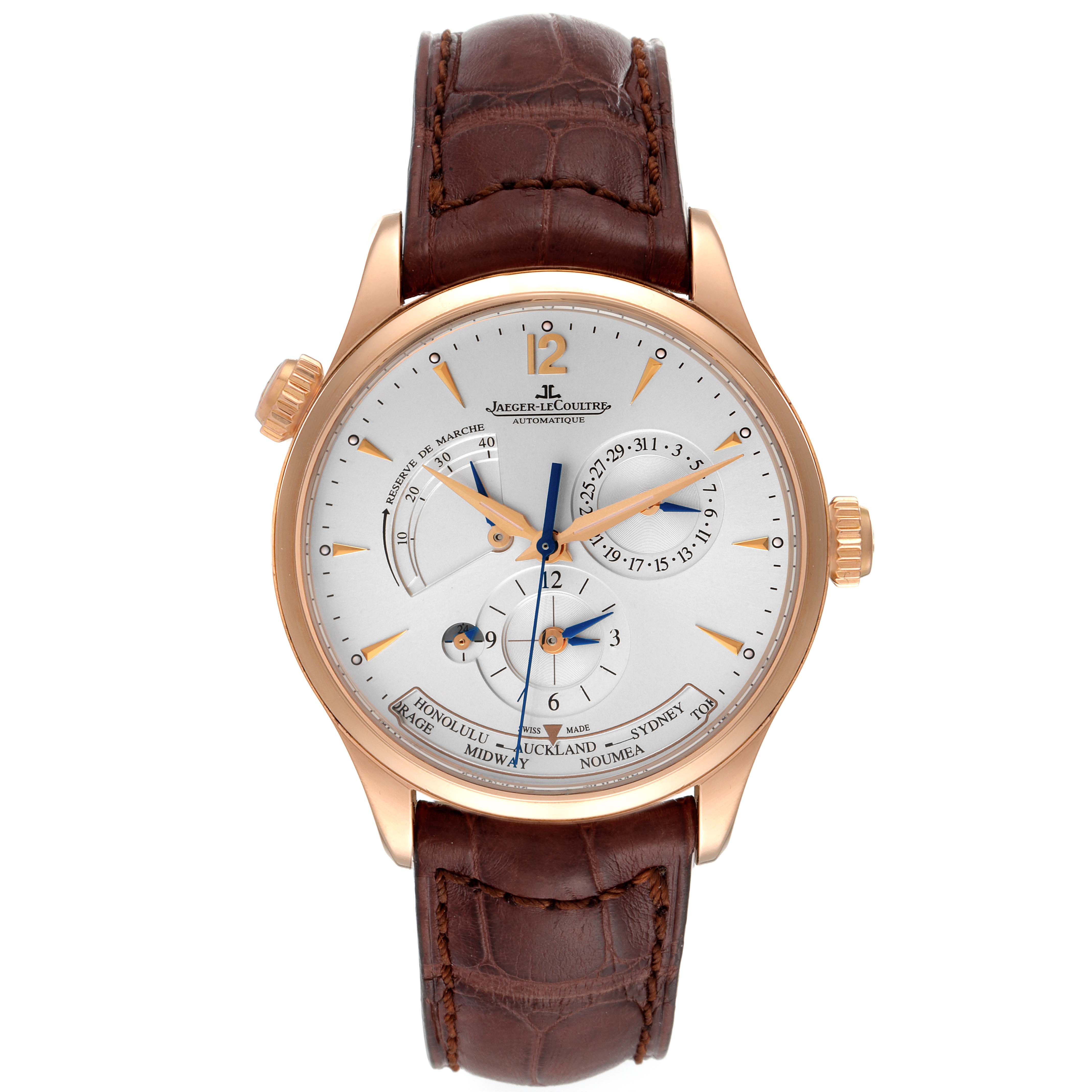 The Jaeger-LeCoultre Master model watch is shown in a front view, displaying its dial, hands, and brown leather strap.