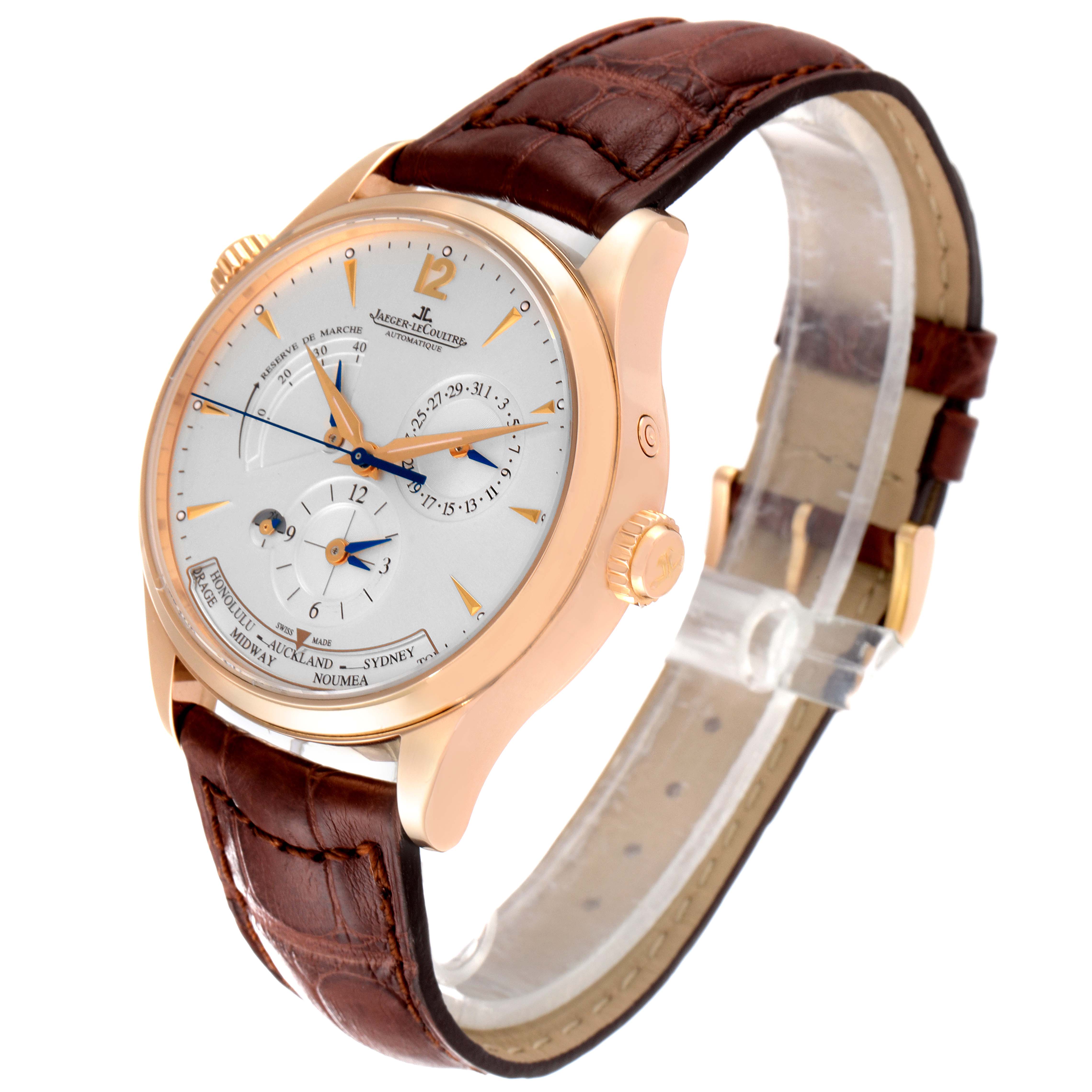 The image shows a Jaeger-LeCoultre Master watch at a three-quarter angle, highlighting the face, crown, and brown leather strap.