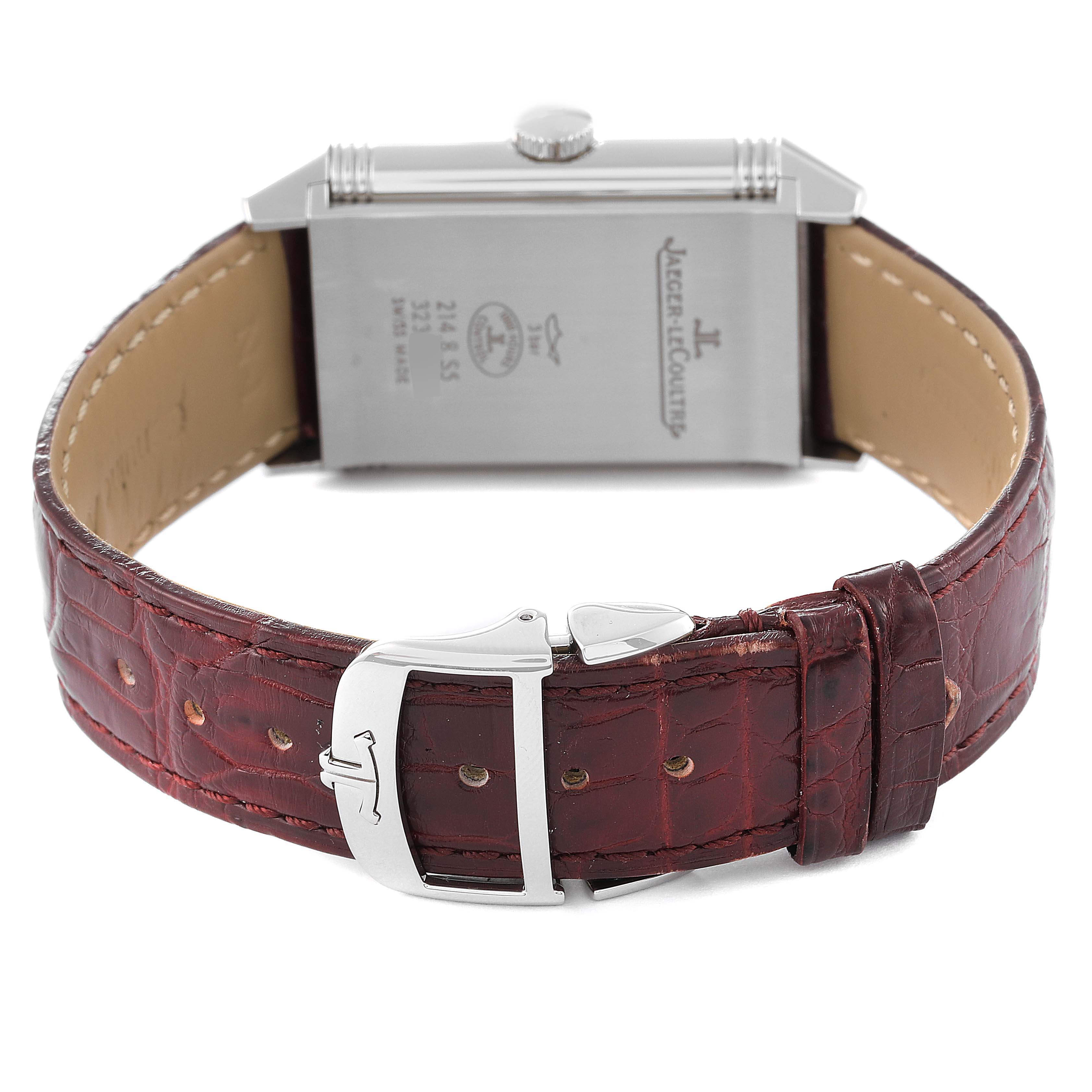 The image shows the back of a Jaeger LeCoultre Reverso Q3828420 Men's Stainless Steel Silver Dial Q3828420 Men's Stainless Steel Silver Dial watch, highlighting the case back and leather strap with a buckle.