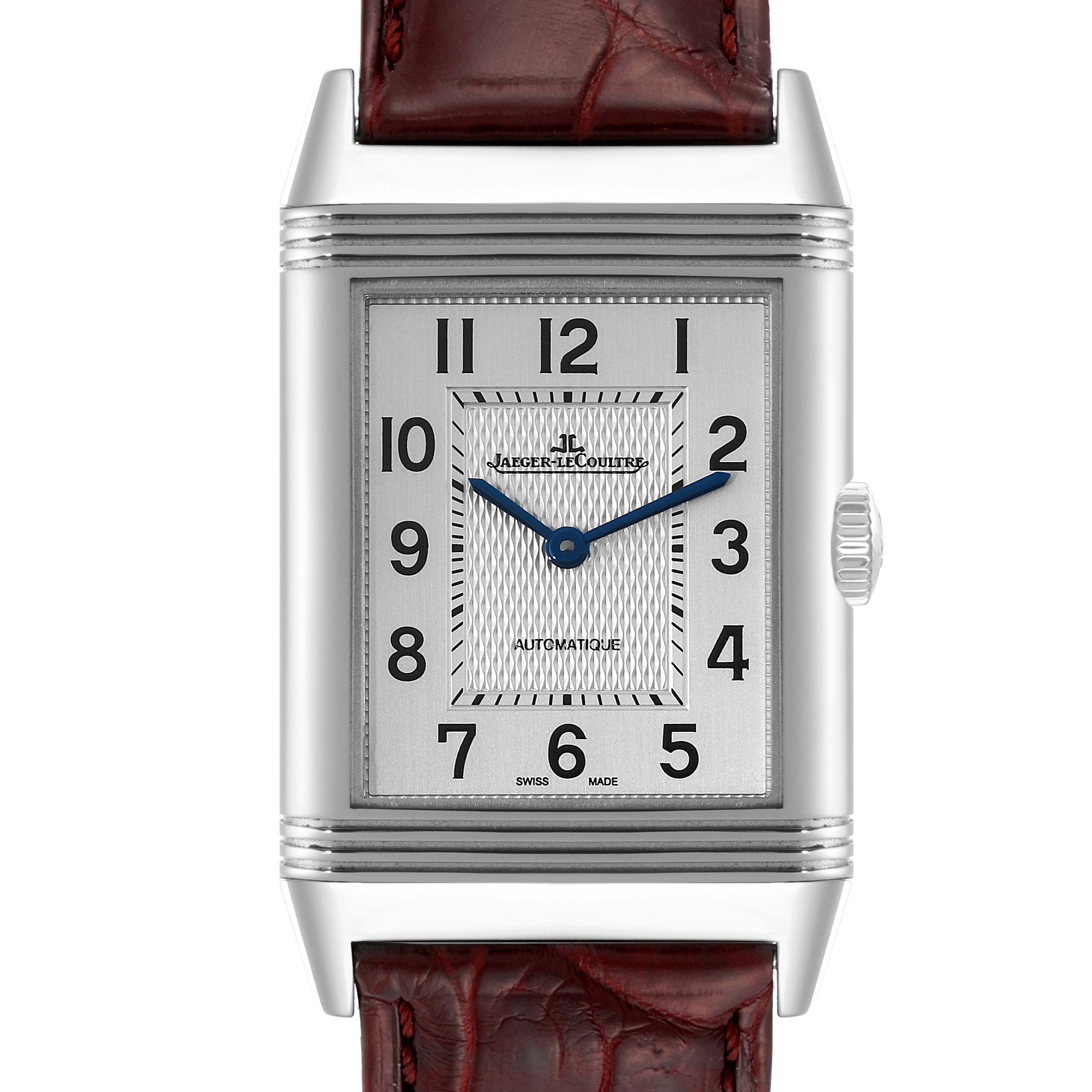 This image shows a frontal view of the Jaeger-LeCoultre Reverso watch, highlighting the dial, case, and part of the strap.