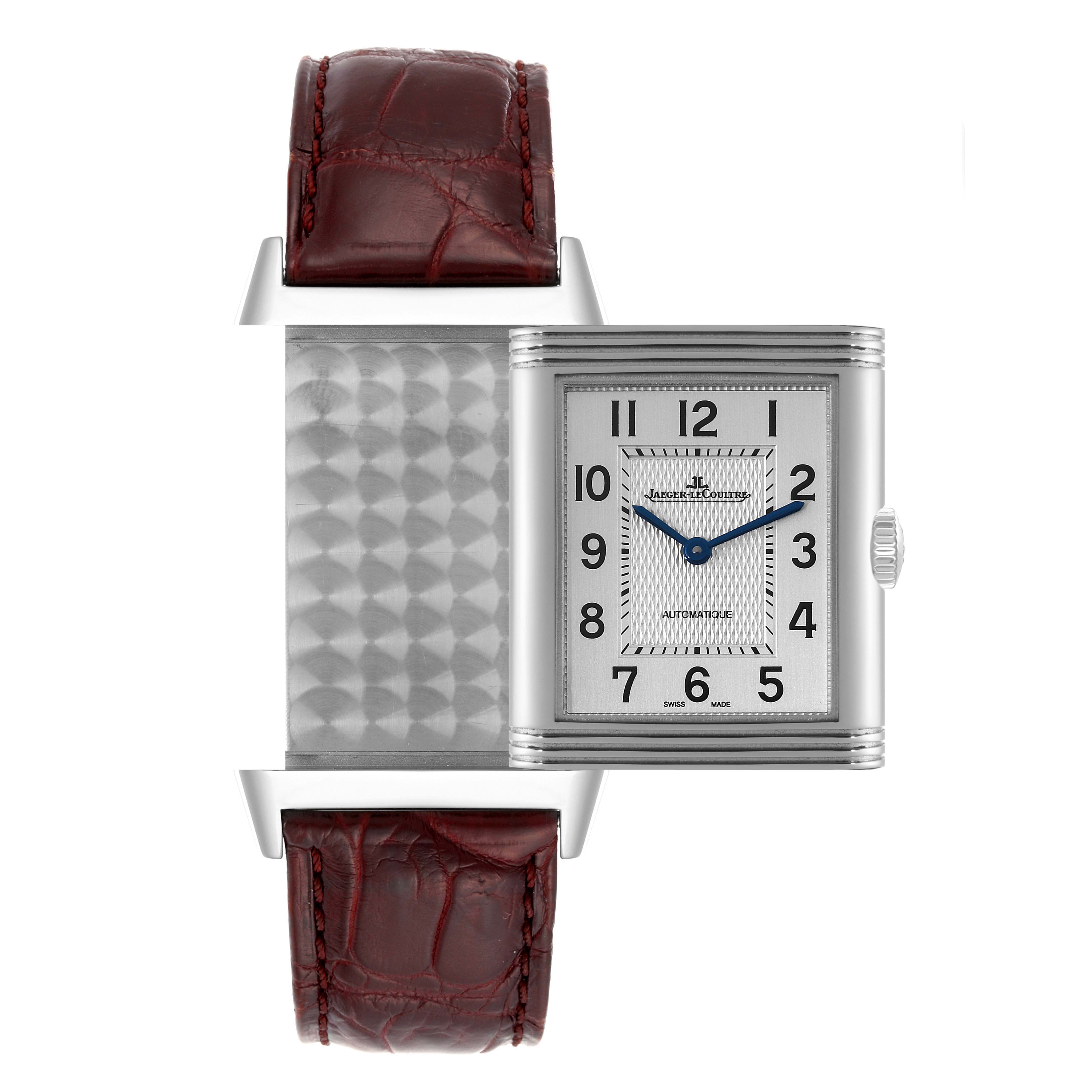 This image shows a frontal view of a Jaeger-LeCoultre Reverso watch, highlighting its reversible case and brown leather strap.