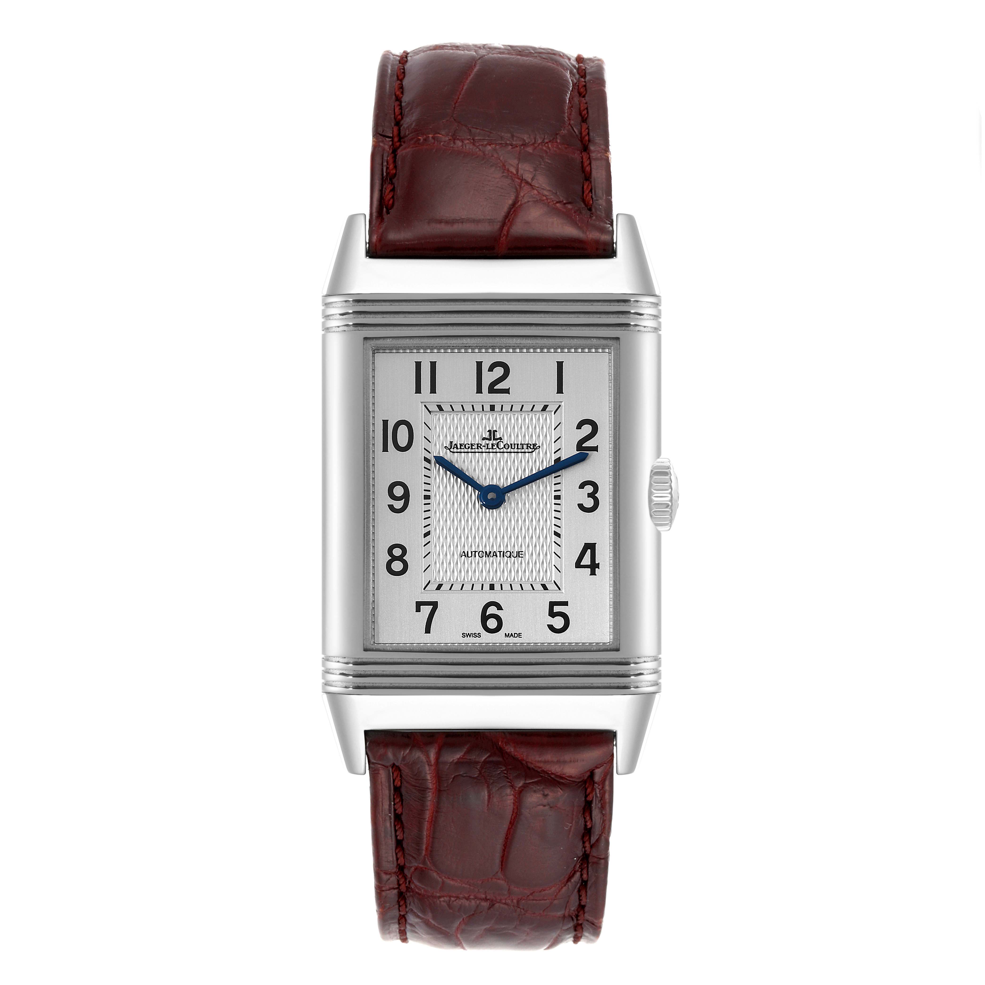 This image shows a front view of the Jaeger-LeCoultre Reverso watch, highlighting its rectangular face and brown leather strap.