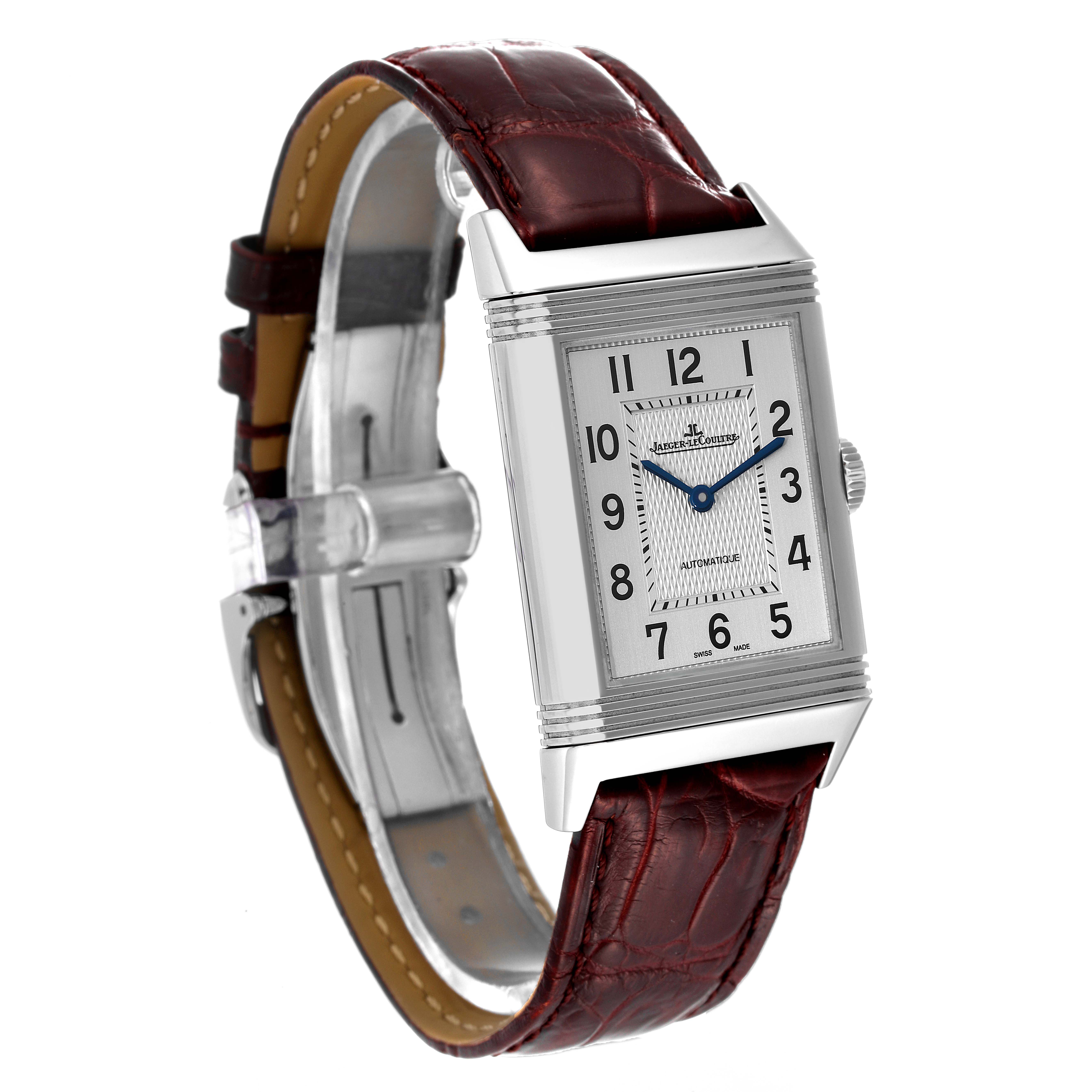 The image shows a Jaeger LeCoultre Reverso Q3828420 Men's Stainless Steel Silver Dial Q3828420 Men's Stainless Steel Silver Dial watch at an angle displaying the front rectangular face and leather strap.