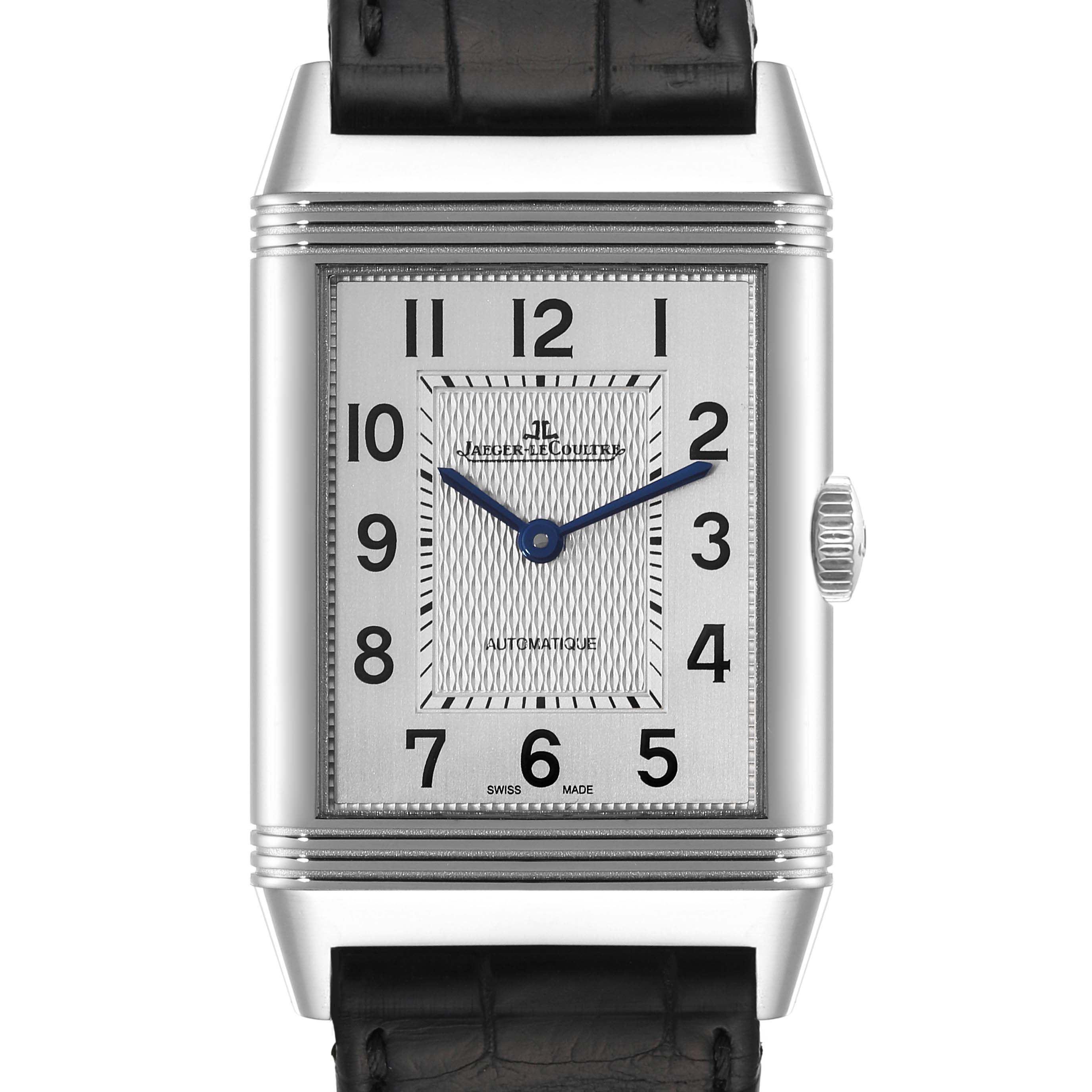 This image shows a front view of a Jaeger-LeCoultre Reverso watch, detailing the face, dial, and leather strap.
