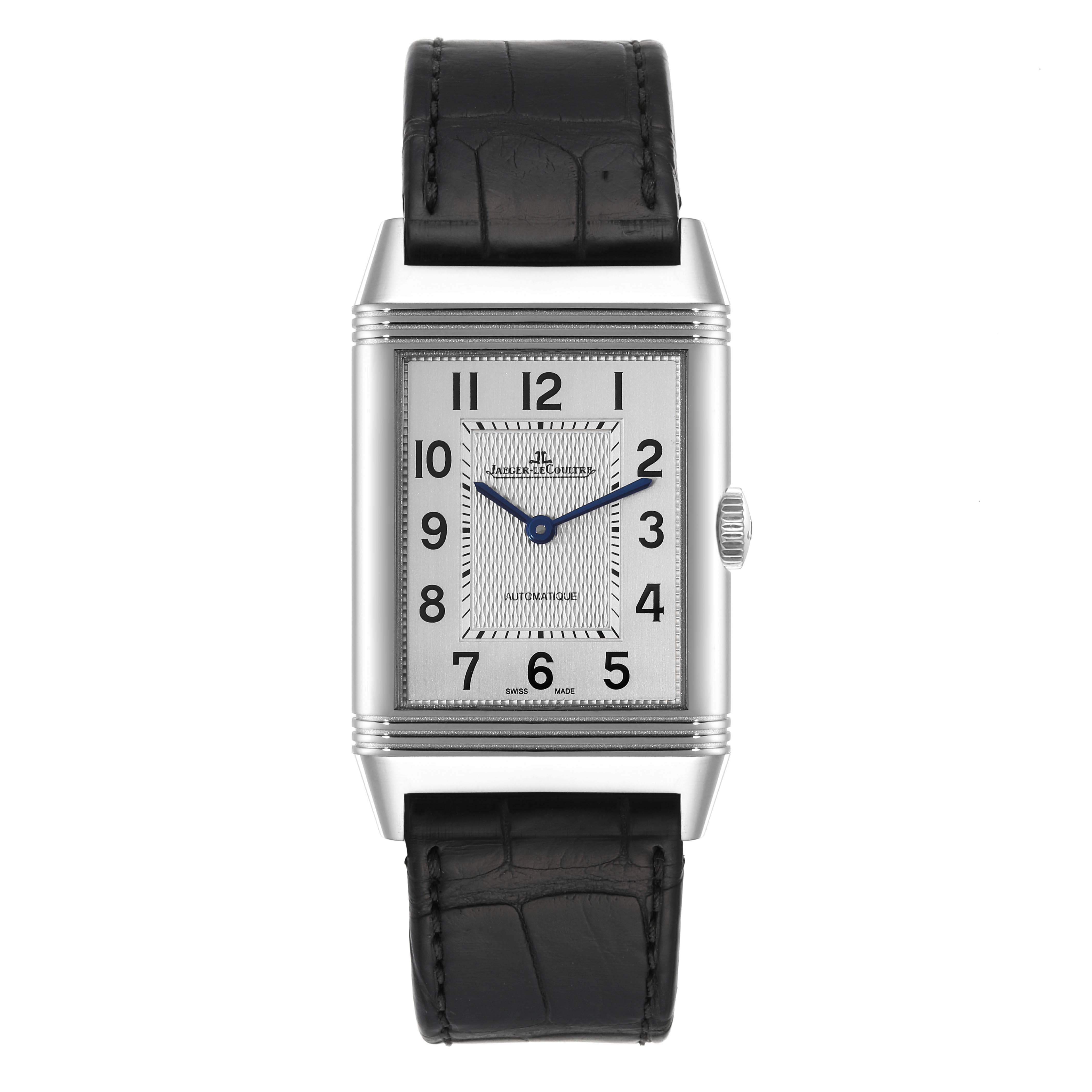 The image shows a front view of the Jaeger-LeCoultre Reverso model watch, highlighting its face, bezel, and leather strap.