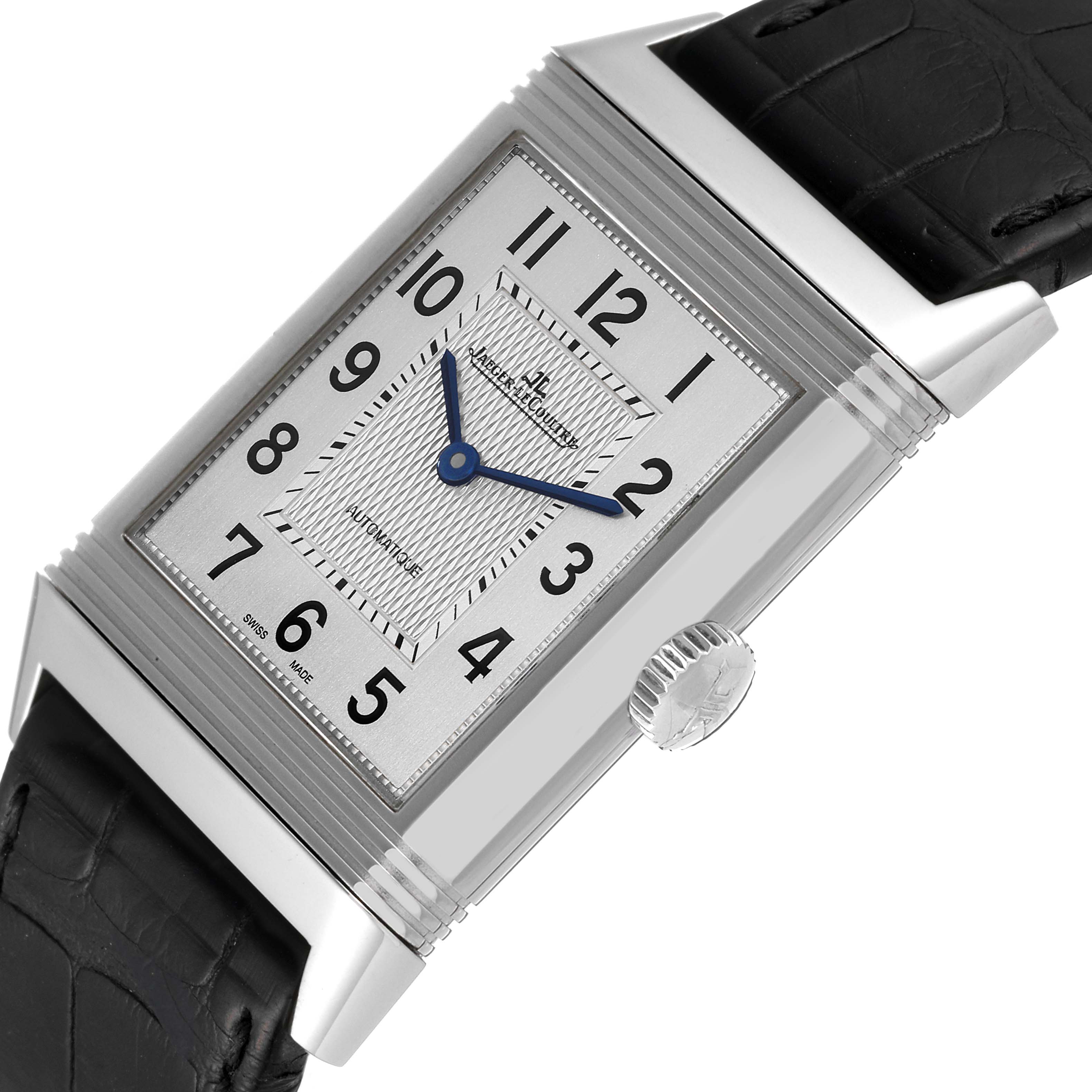 The image shows the front face and crown of the Jaeger LeCoultre Reverso Q3828420 Men's Stainless Steel Silver Dial Q3828420 Men's Stainless Steel Silver Dial watch, displaying its rectangular dial and strap.