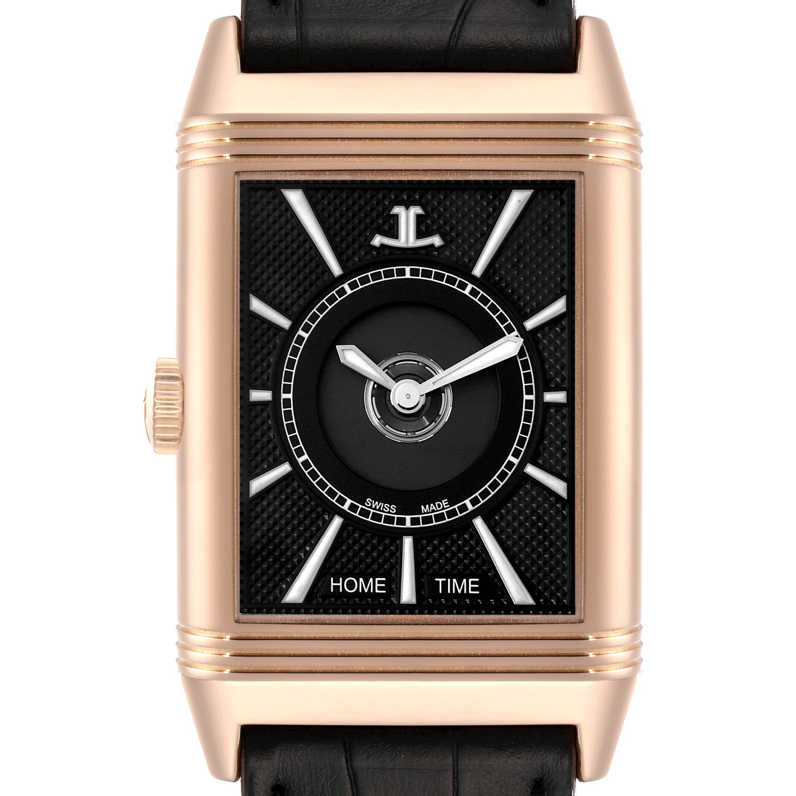 This is a front view of a Jaeger-LeCoultre Reverso watch, showcasing the dial and bezel.