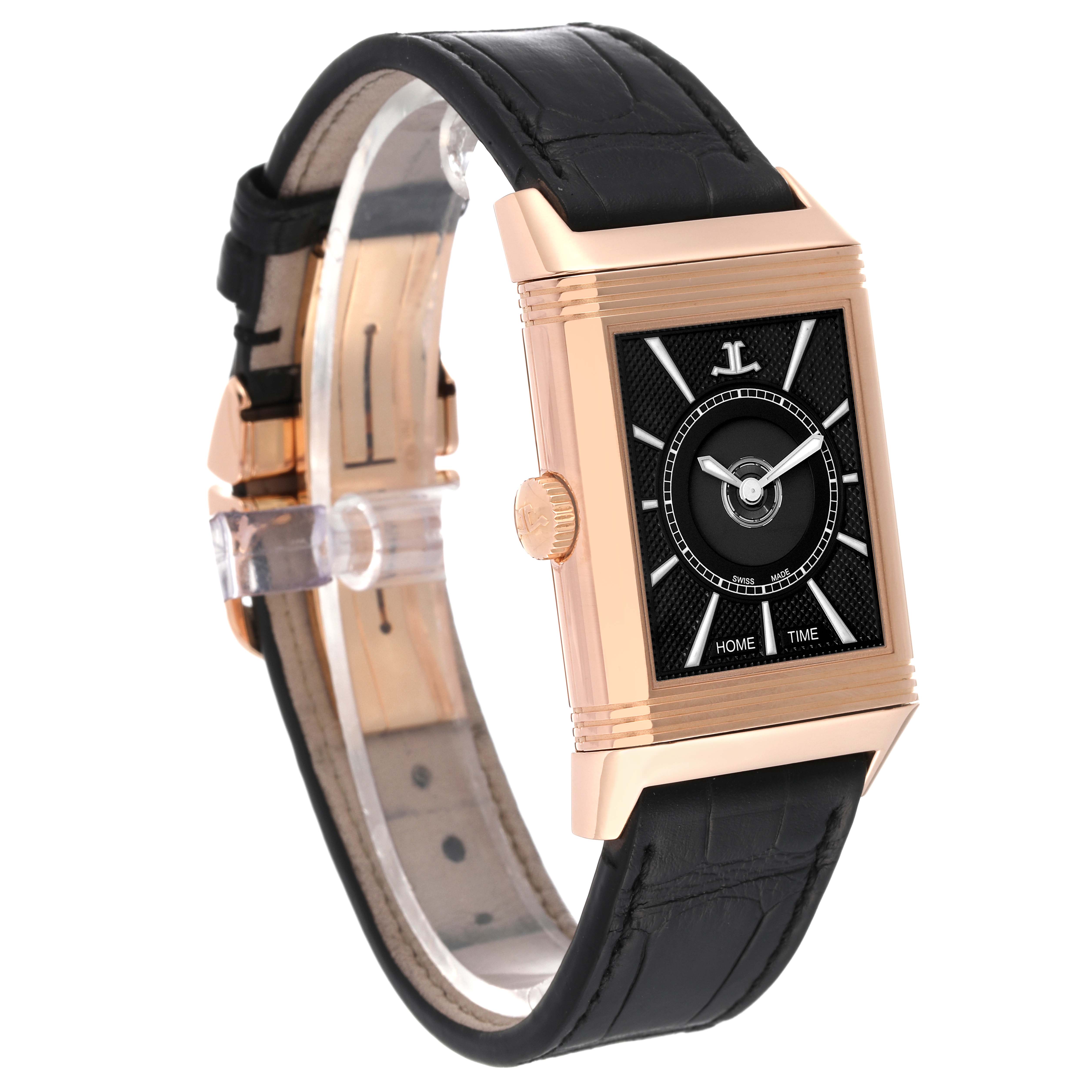 The image shows a side angle view of the Jaeger LeCoultre Reverso Q3832420 Men's Rose Gold Silver Dial Q3832420 Men's Rose Gold Silver Dial watch, featuring its black strap, rectangular case, and dial.