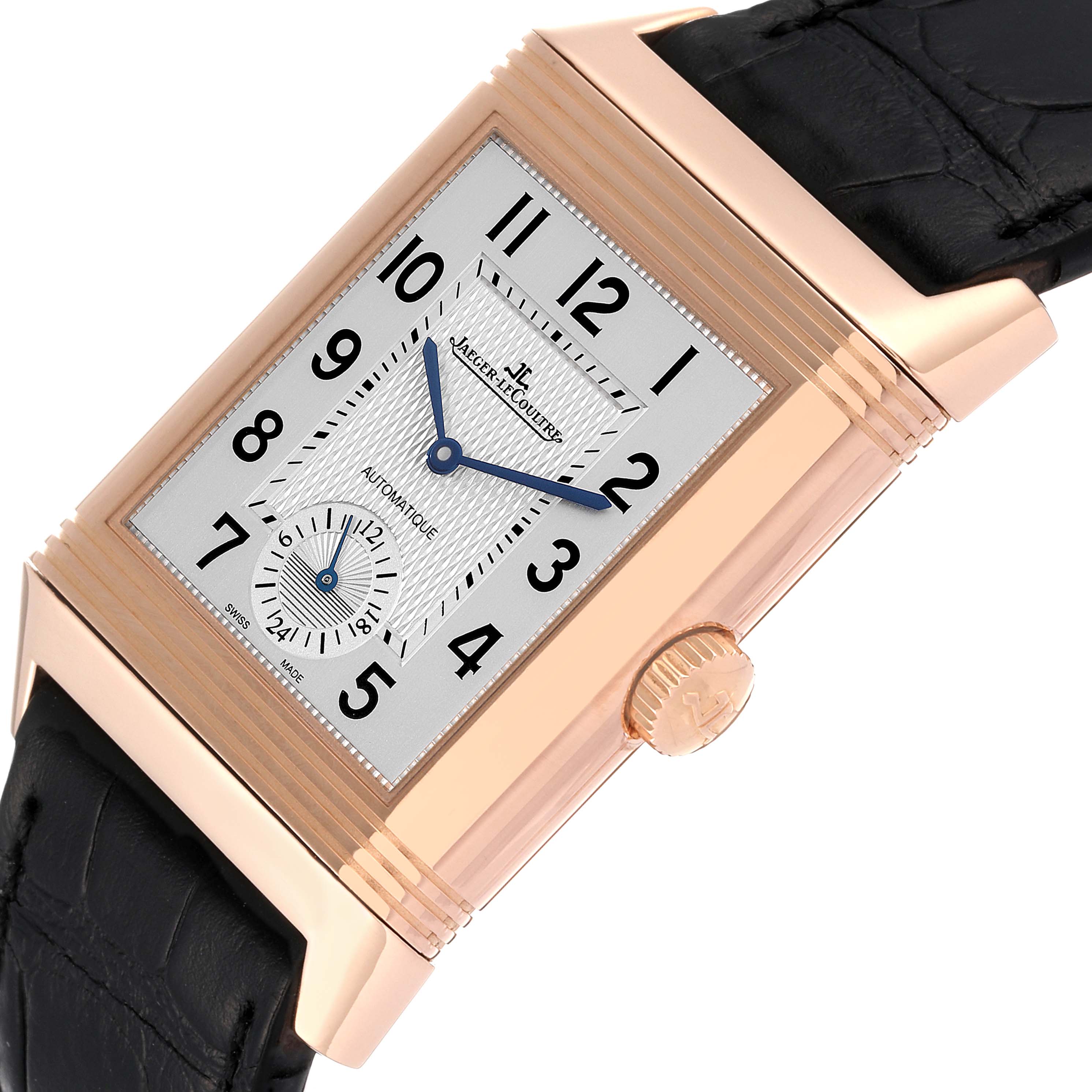 This image shows a close-up of the Jaeger-LeCoultre Reverso watch face, crown, and partial black strap.