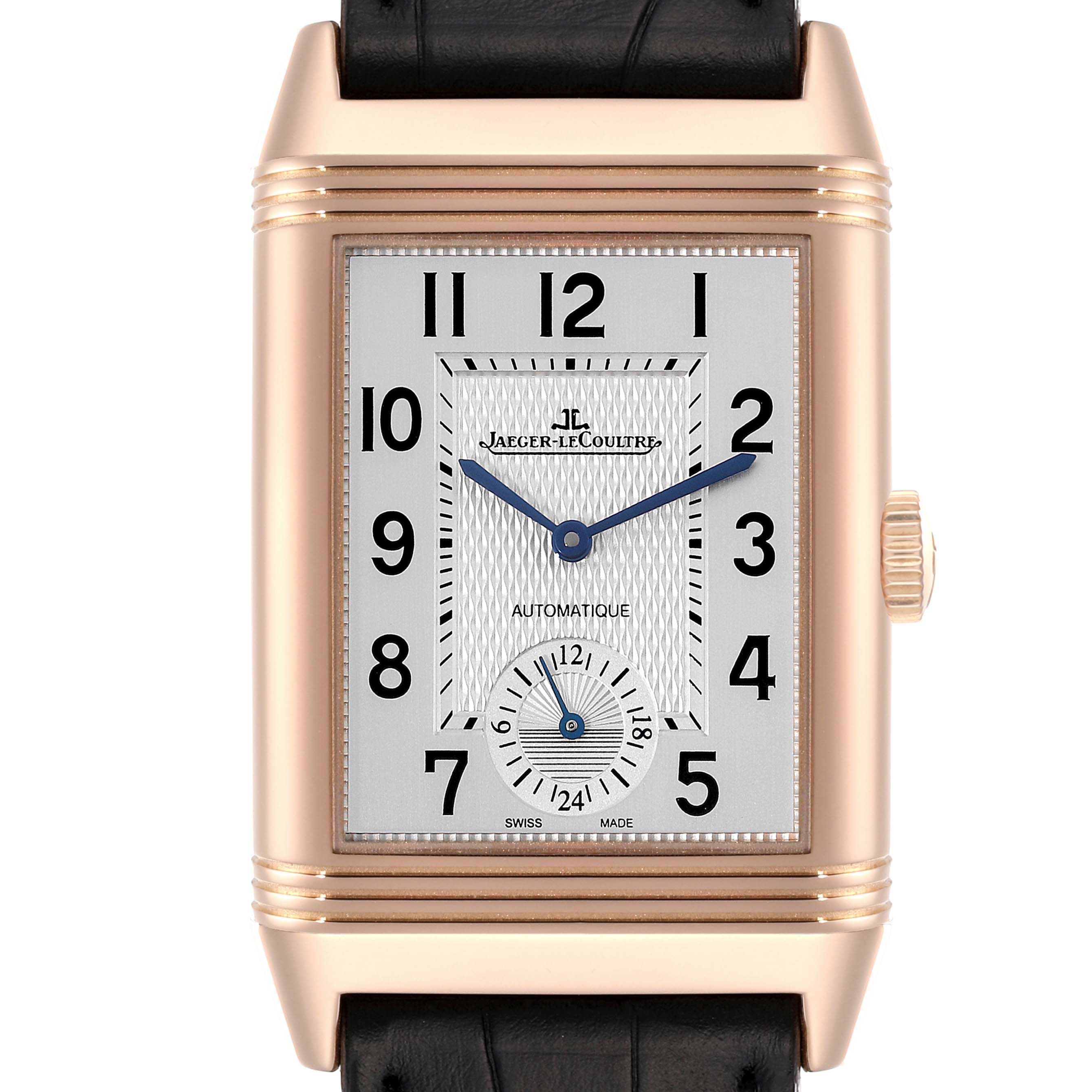 The image shows a front view of the Jaeger-LeCoultre Reverso watch, highlighting its face, numerals, hands, and crown.