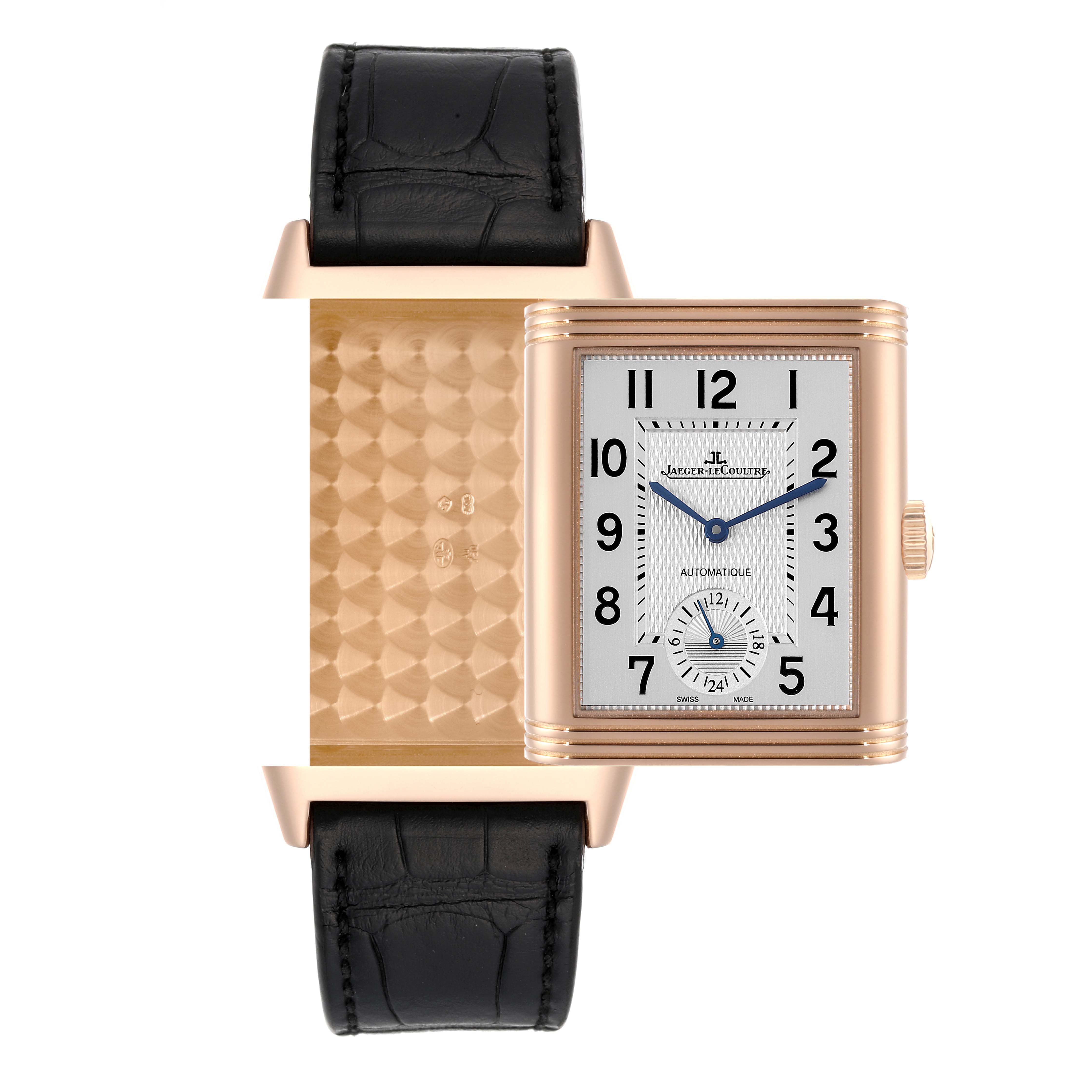 This image shows the front and back of the Jaeger-LeCoultre Reverso watch with the case swiveled open.
