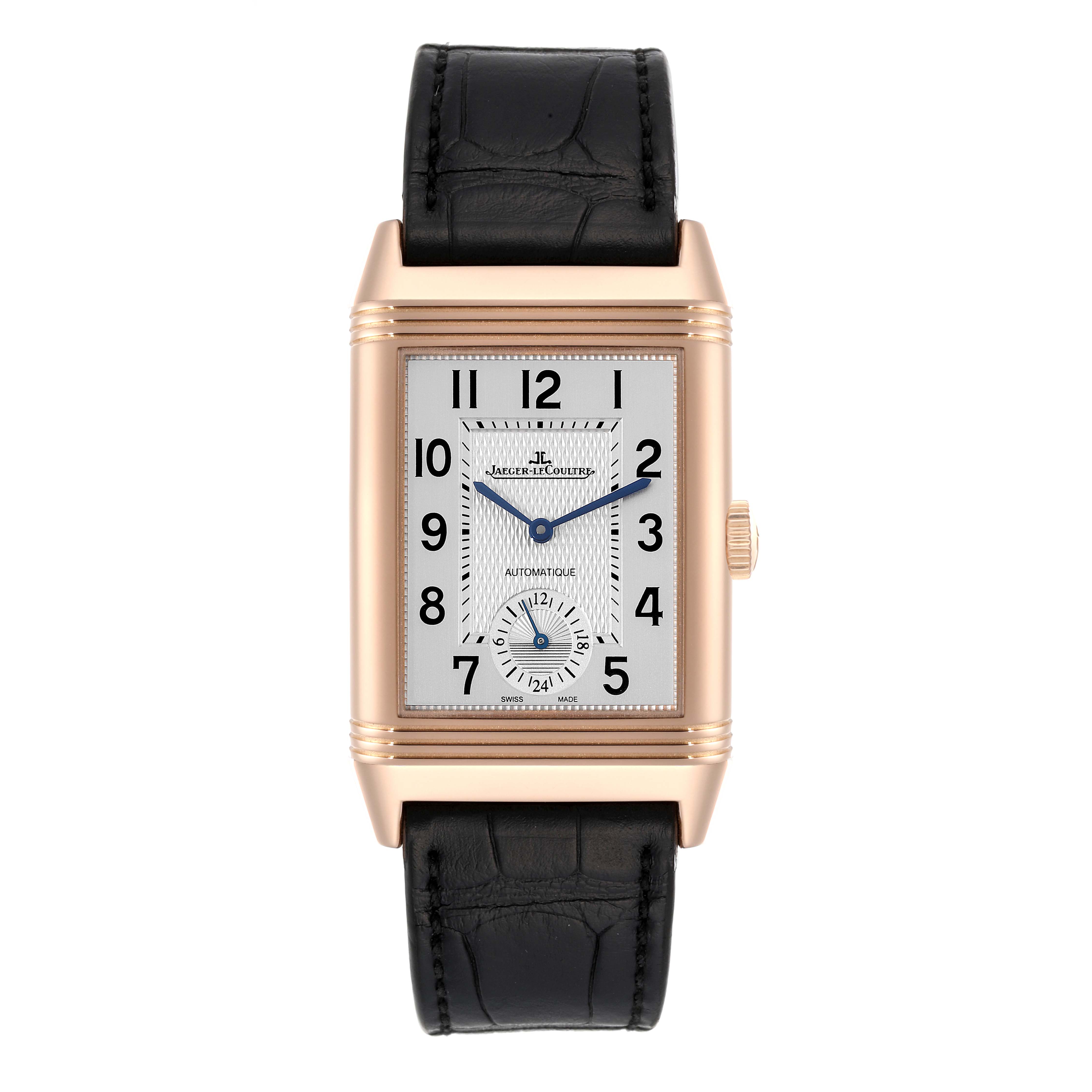 The Jaeger LeCoultre Reverso Q3832420 Men's Rose Gold Silver Dial Q3832420 Men's Rose Gold Silver Dial watch is shown from a straight-on angle, displaying its rectangular face, dial, hands, and leather strap.
