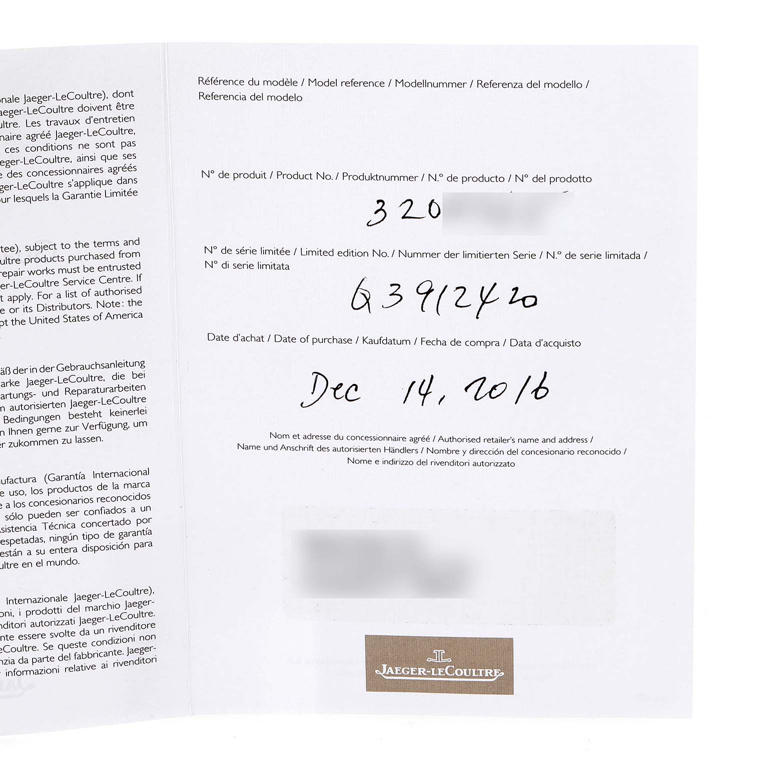 The image shows the warranty card and certificate for a Jaeger LeCoultre Reverso Q3912420 Men
s Rose Gold Silver Dial Q3912420 Men
s Rose Gold Silver Dial watch.