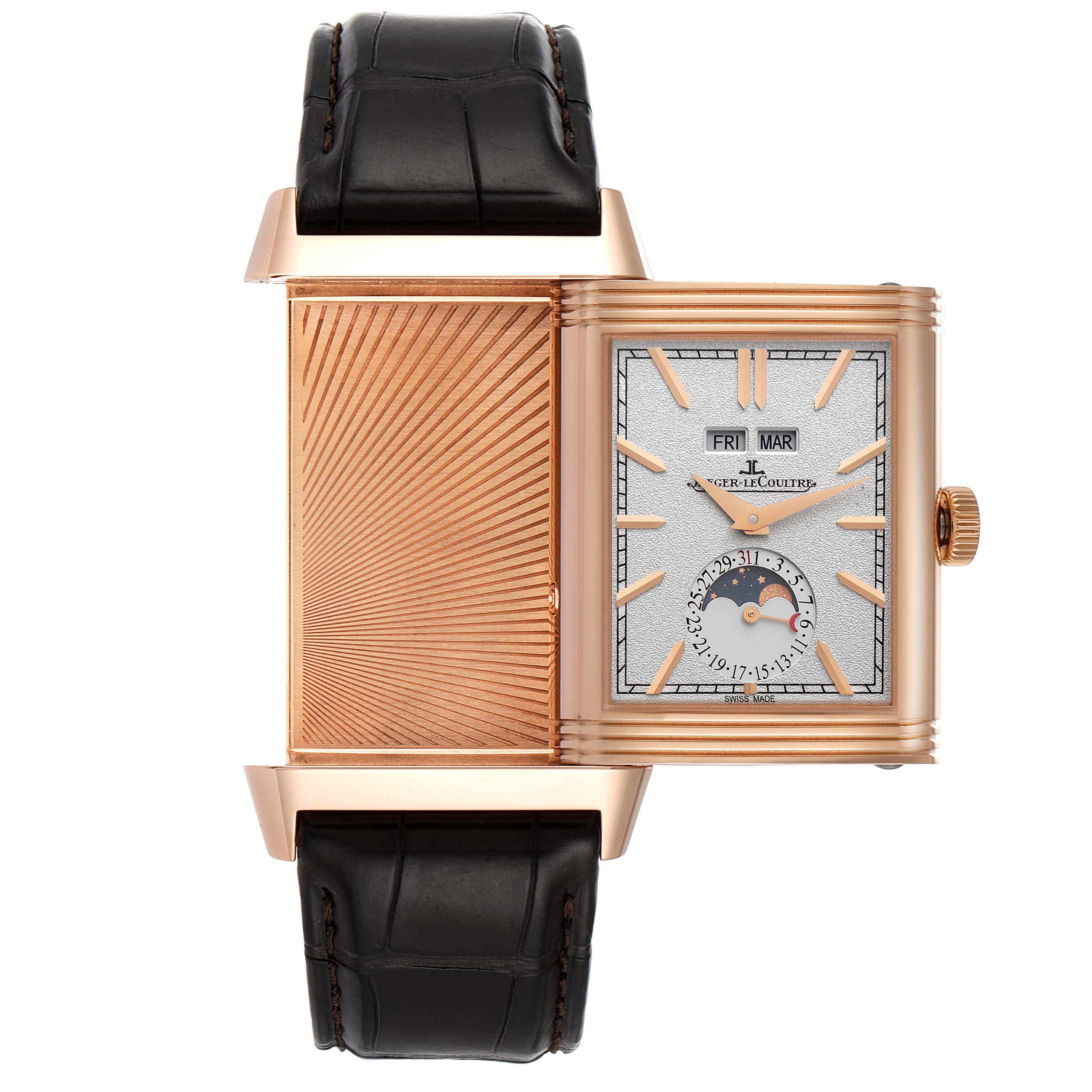 The image shows the Jaeger LeCoultre Reverso Q3912420 Men
s Rose Gold Silver Dial Q3912420 Men
s Rose Gold Silver Dial model watch from the front, highlighting its unique reversible case and detailed dial.