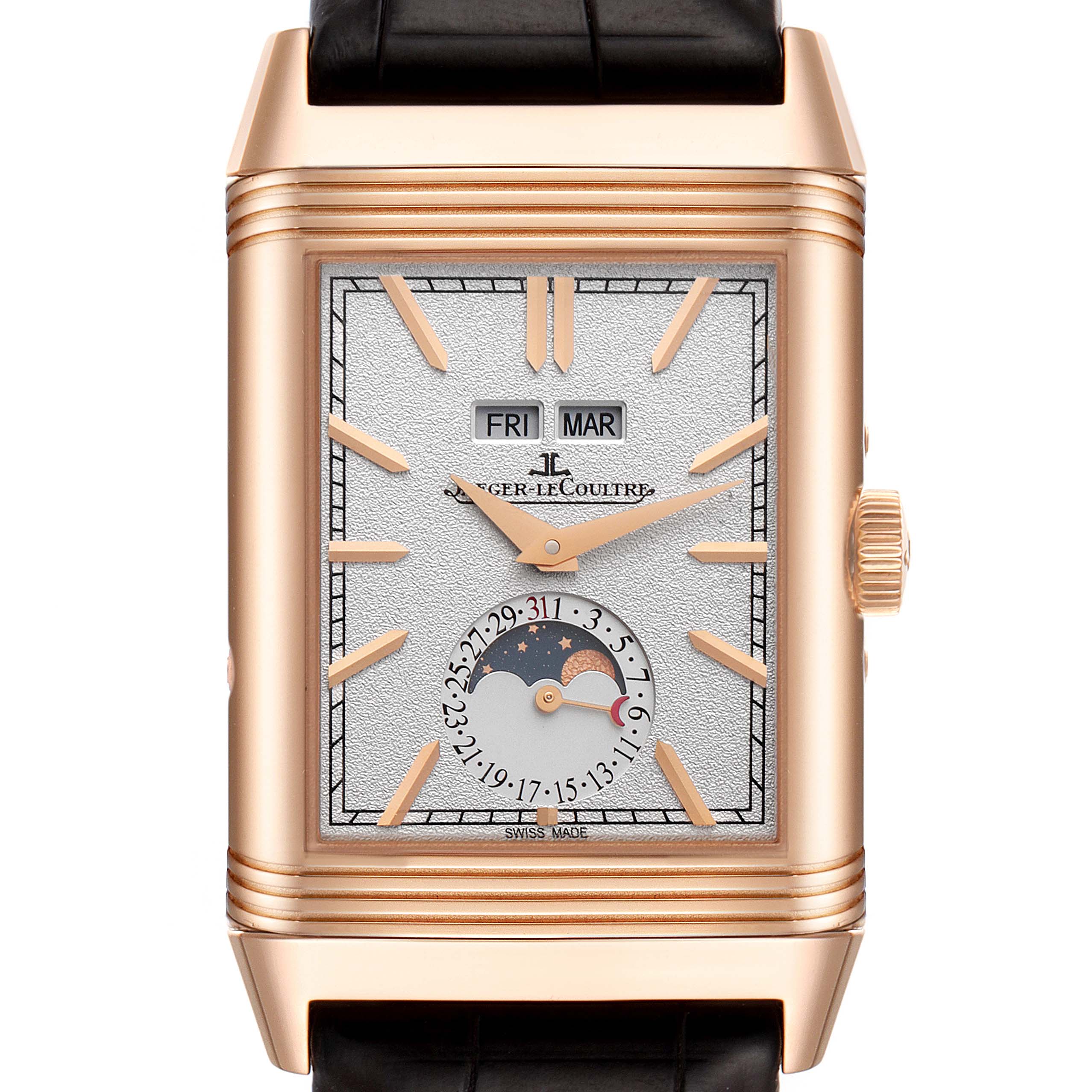 This image shows a front view of the Jaeger LeCoultre Reverso Q3912420 Men
s Rose Gold Silver Dial Q3912420 Men
s Rose Gold Silver Dial watch, detailing the dial, hour markers, day-date display, and moon phase indicator.