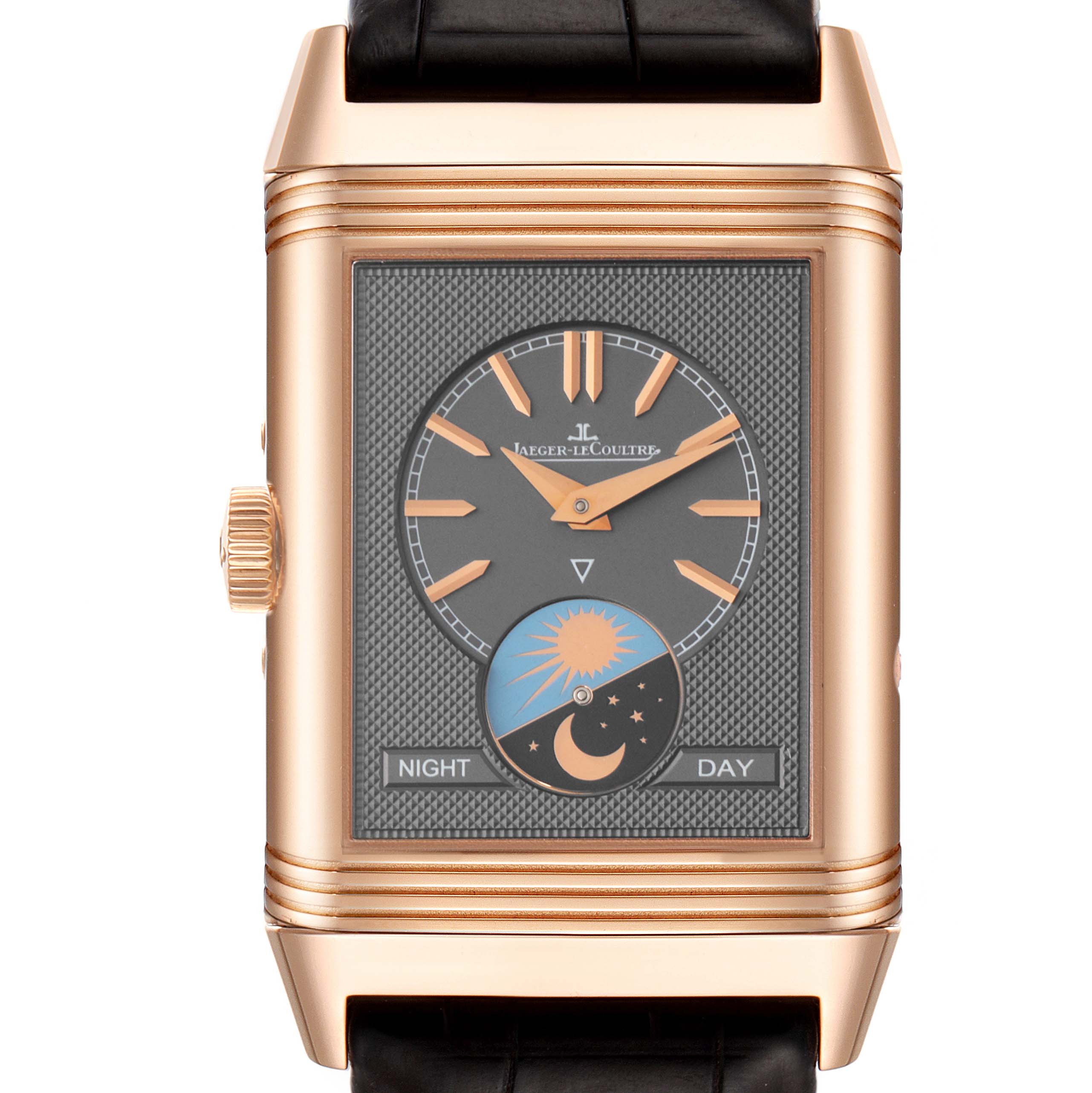 The image shows a front view of a Jaeger LeCoultre Reverso Q3912420 Men
s Rose Gold Silver Dial Q3912420 Men
s Rose Gold Silver Dial watch, featuring a rectangular face, day-night indicator, and leather strap.