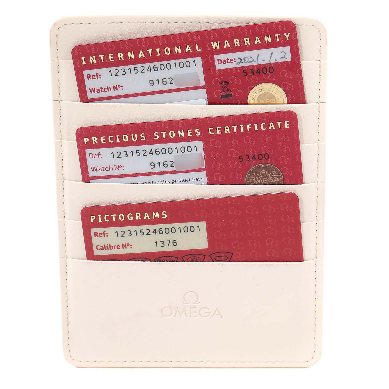 This image shows the warranty, precious stones certificate, and pictograms cards for the Omega 123.15.24.60.01.001 Women's Stainless Steel Black Dial 123.15.24.60.01.001 Women's Stainless Steel Black Dial Constellation Orbis Star Steel Diamond Watch 123.15.24.60.01.001.