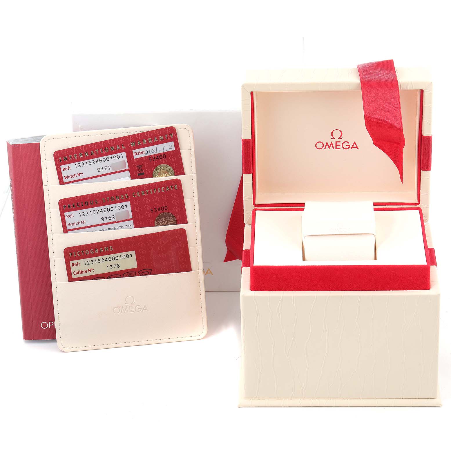 The image shows the packaging and certificates for the Omega 123.15.24.60.01.001 Women's Stainless Steel Black Dial 123.15.24.60.01.001 Women's Stainless Steel Black Dial Constellation Orbis Star Steel Diamond Watch 123.15.24.60.01.001 Unworn model.