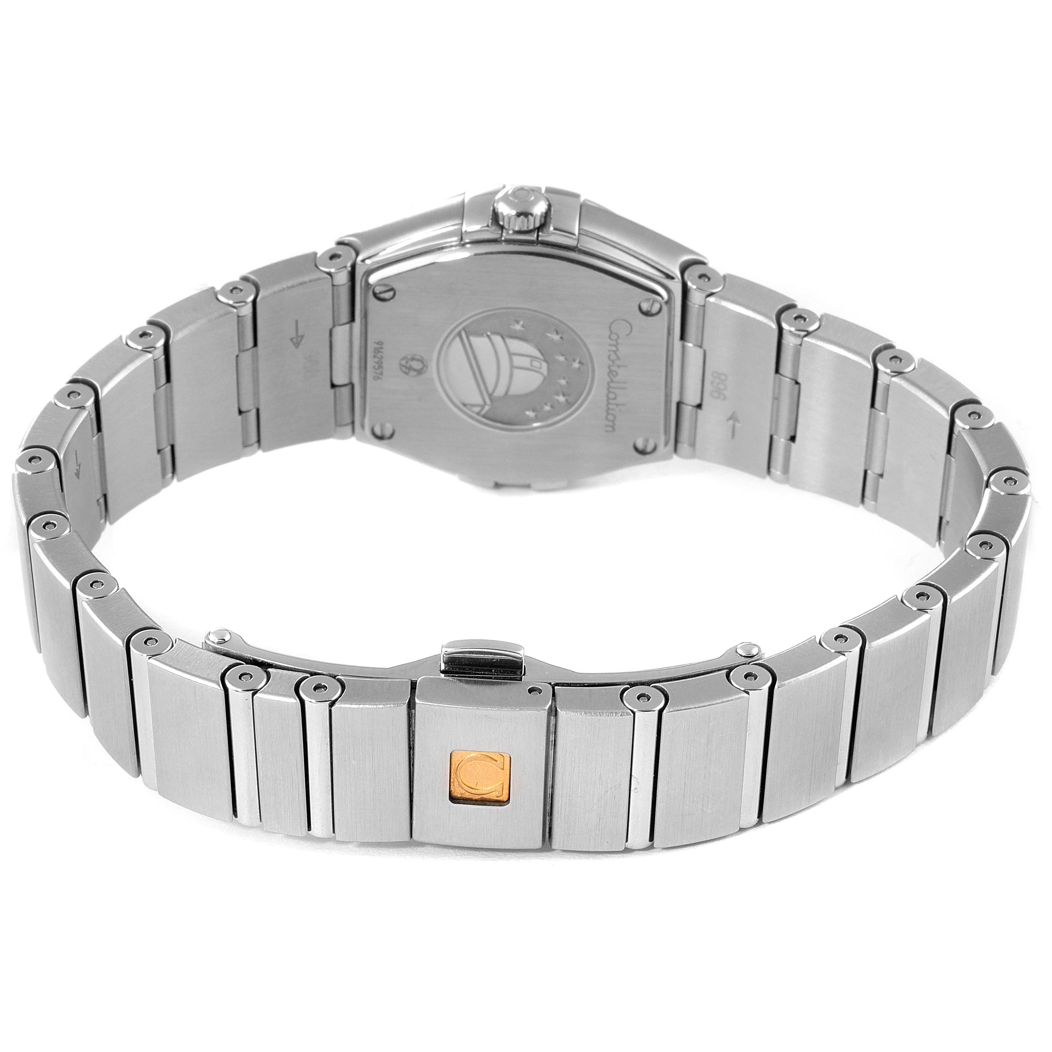 The image shows the back view of the Omega 123.15.24.60.01.001 Women's Stainless Steel Black Dial 123.15.24.60.01.001 Women's Stainless Steel Black Dial Constellation Orbis Star Steel Diamond Watch 123.15.24.60.01.001, focusing on the bracelet and case back.
