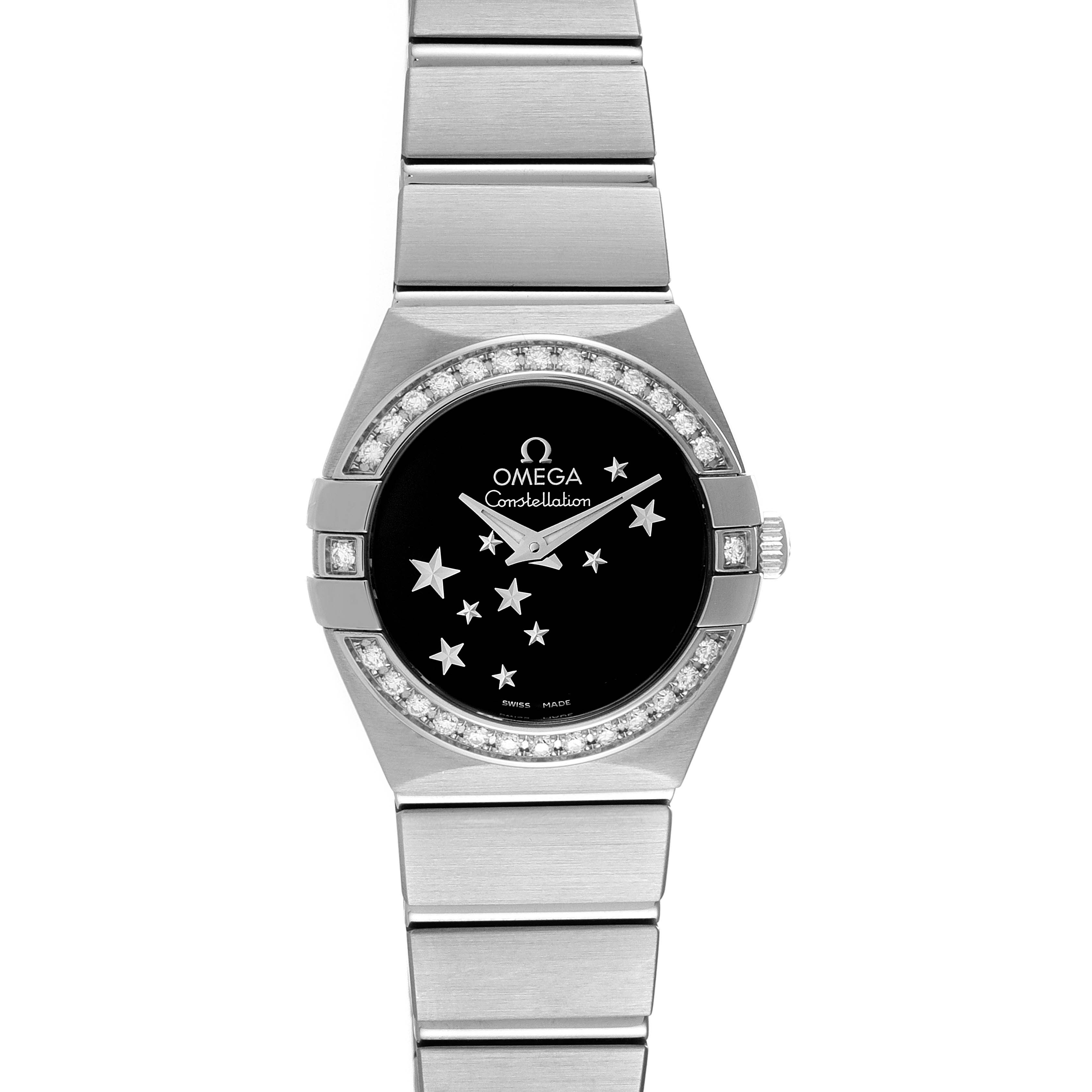 The image shows a full-frontal view of an Omega 123.15.24.60.01.001 Women's Stainless Steel Black Dial 123.15.24.60.01.001 Women's Stainless Steel Black Dial Constellation Orbis Star Steel Diamond Watch model 123.15.24.60.01.001.