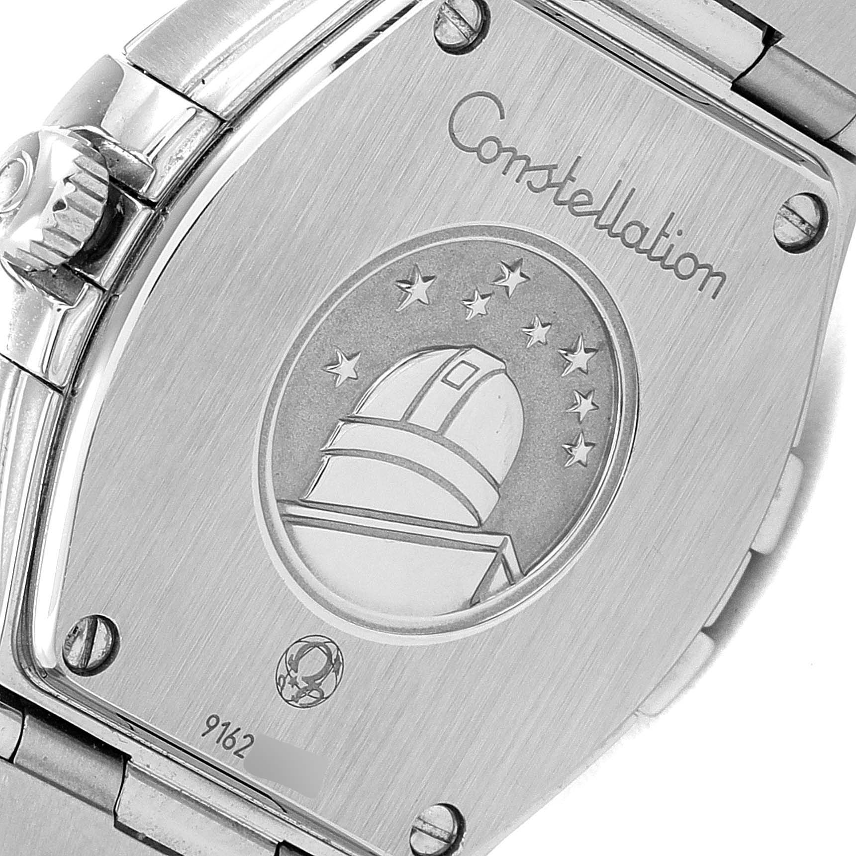 The image shows the back of the Omega 123.15.24.60.01.001 Women's Stainless Steel Black Dial 123.15.24.60.01.001 Women's Stainless Steel Black Dial Constellation Orbis Star Steel Diamond Watch model 123.15.24.60.01.001, highlighting its engraved caseback.