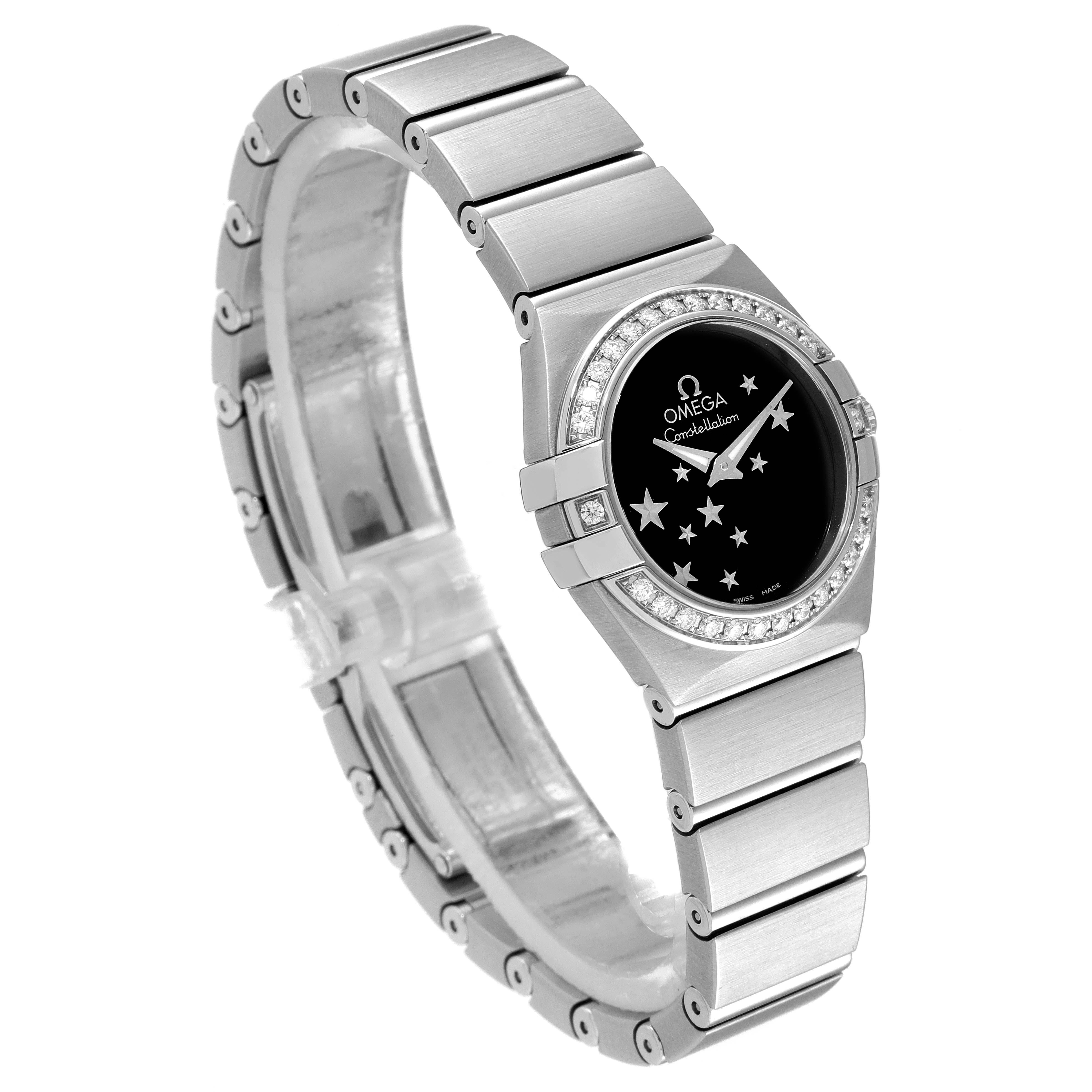 The Omega 123.15.24.60.01.001 Women's Stainless Steel Black Dial 123.15.24.60.01.001 Women's Stainless Steel Black Dial Constellation Orbis Star Steel Diamond Watch 123.15.24.60.01.001 is shown at a three-quarter angle, highlighting the bracelet, bezel, and dial.