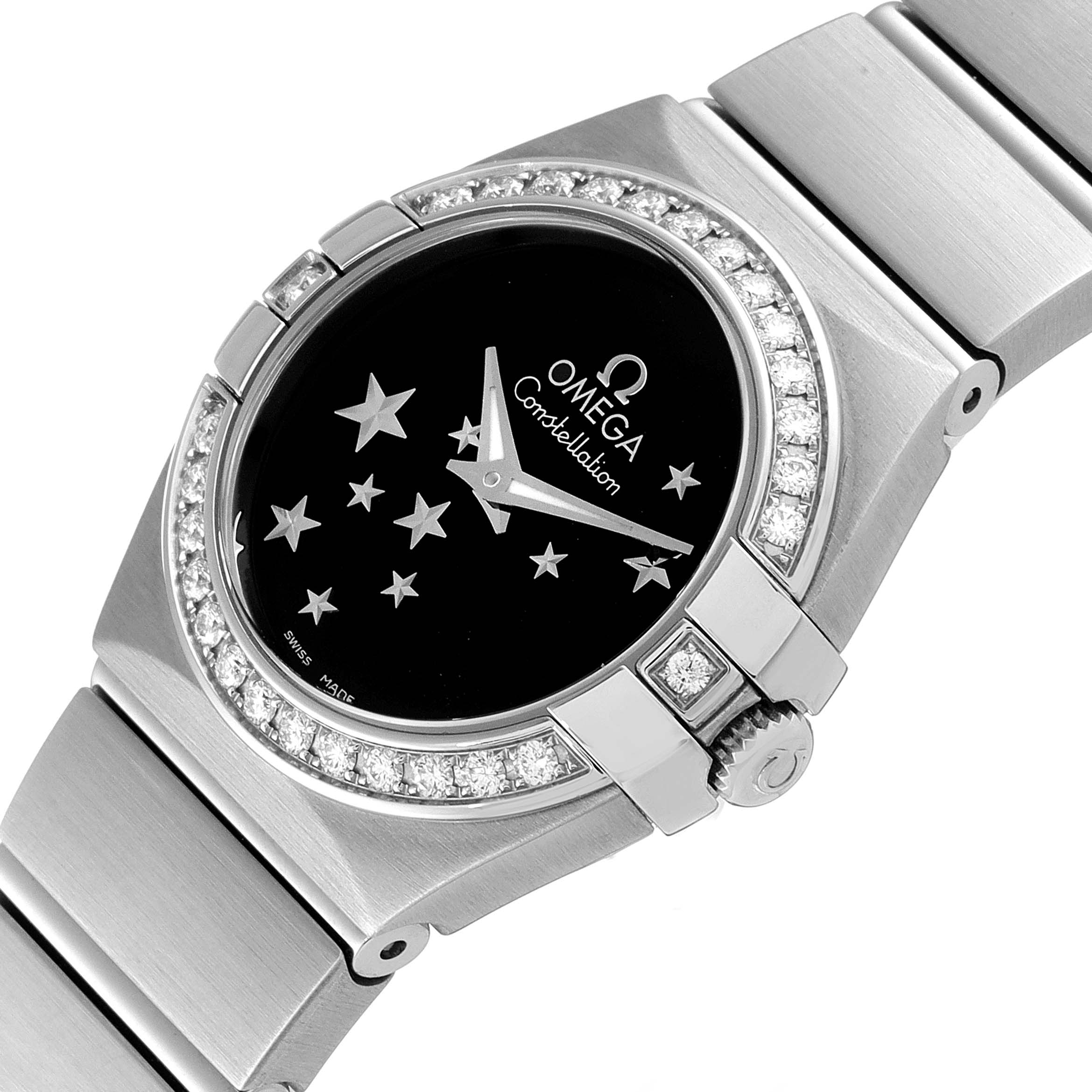 The image shows a close-up view of the Omega 123.15.24.60.01.001 Women's Stainless Steel Black Dial 123.15.24.60.01.001 Women's Stainless Steel Black Dial Constellation Orbis Star Steel Diamond Watch face and part of the band.