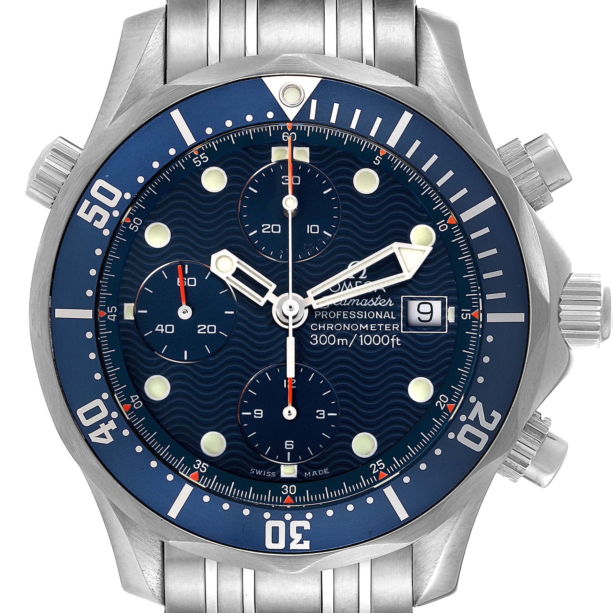 This image shows a front view of an Omega Seamaster 2599.80.00 Men's Stainless Steel Blue Dial 2599.80.00 Men's Stainless Steel Blue Dial watch highlighting the dial, bezel, and chronograph subdials.