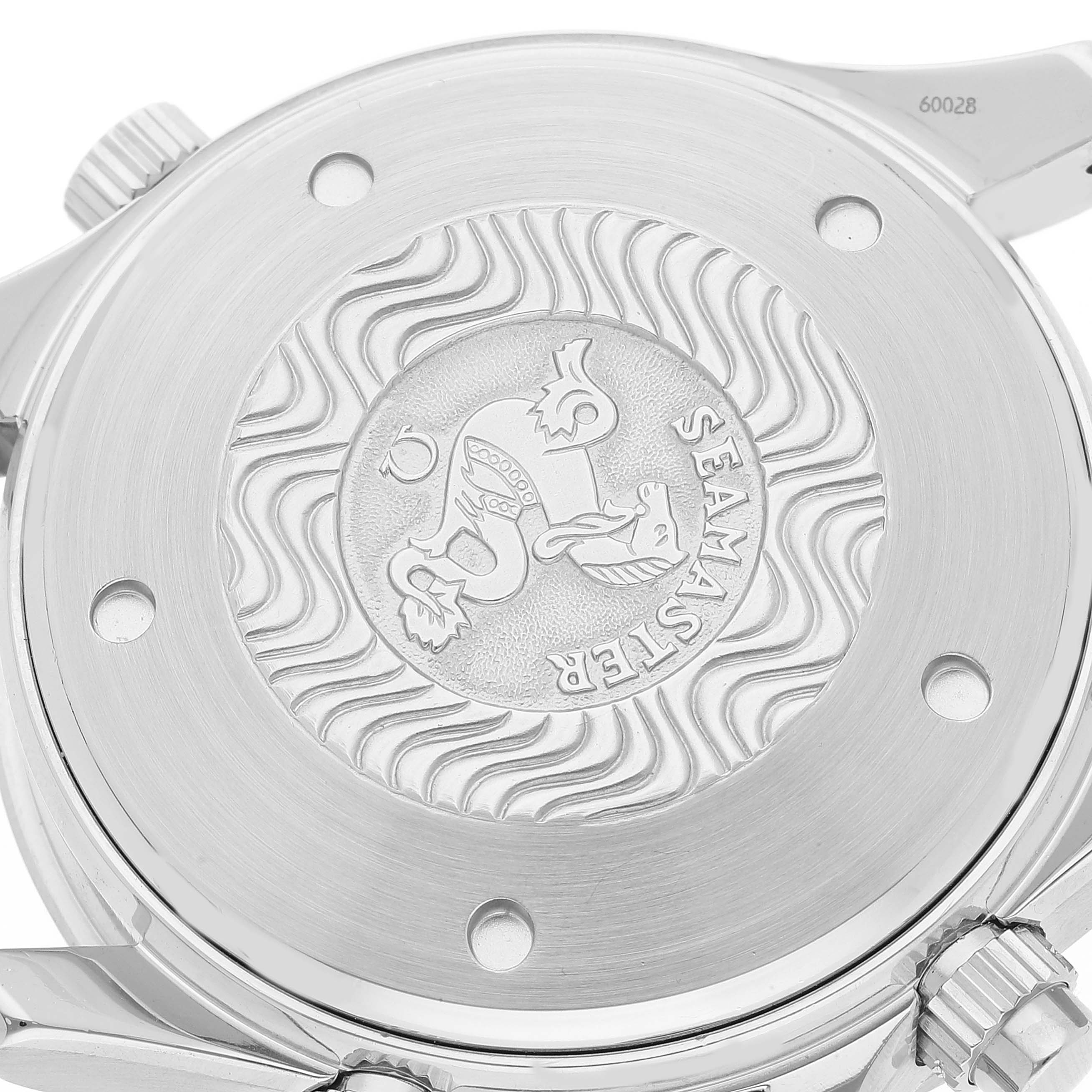 The image displays the back case of the Omega Seamaster 2599.80.00 Men's Stainless Steel Blue Dial 2599.80.00 Men's Stainless Steel Blue Dial watch, showcasing its emblem and engraving details.