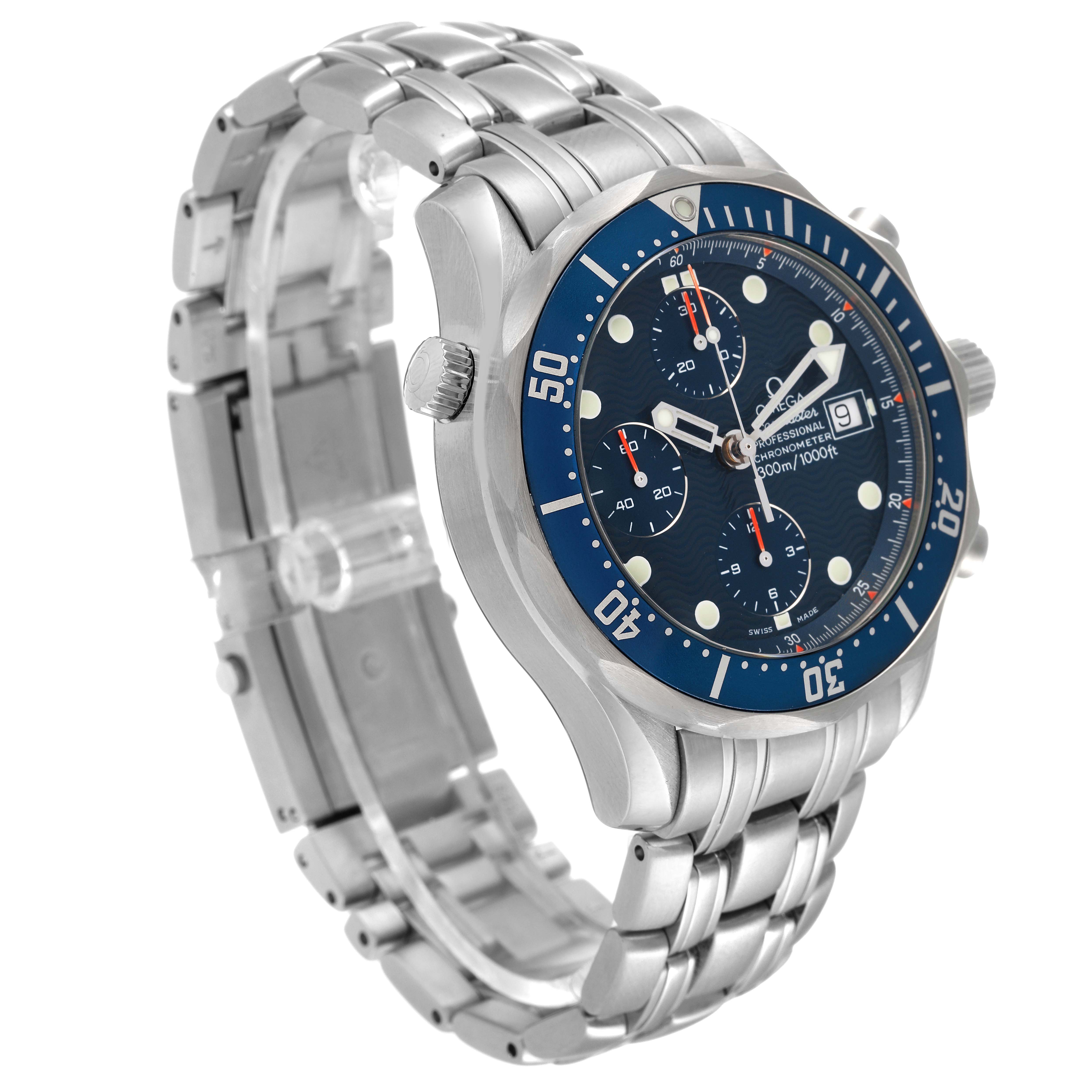 The image shows an angled side view of the Omega Seamaster 2599.80.00 Men's Stainless Steel Blue Dial 2599.80.00 Men's Stainless Steel Blue Dial watch, highlighting the bezel, dial, crown, and stainless steel bracelet.