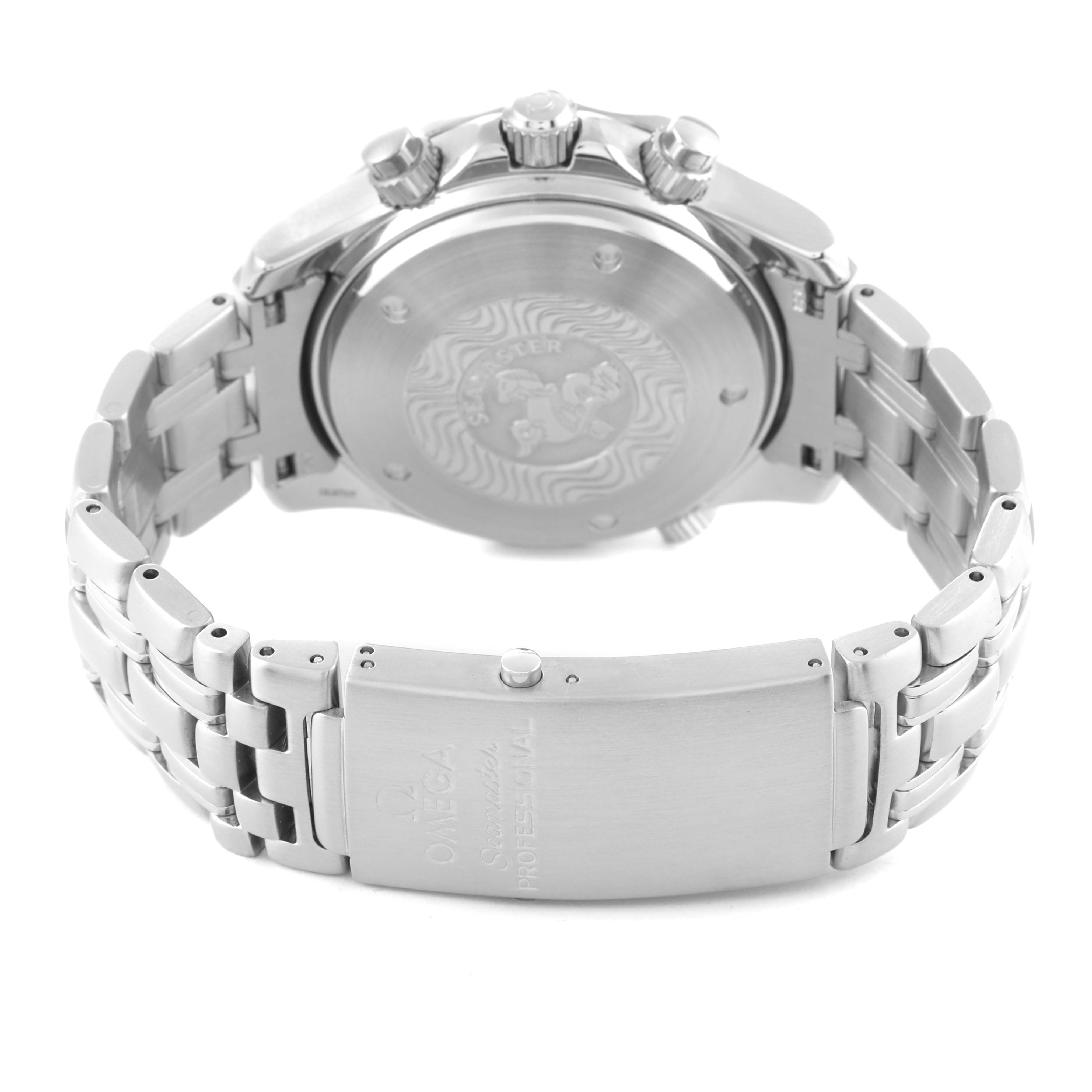 The image shows the back view of an Omega Seamaster 2599.80.00 Men's Stainless Steel Blue Dial 2599.80.00 Men's Stainless Steel Blue Dial watch, focusing on the clasp, bracelet, and case back with engraved details.