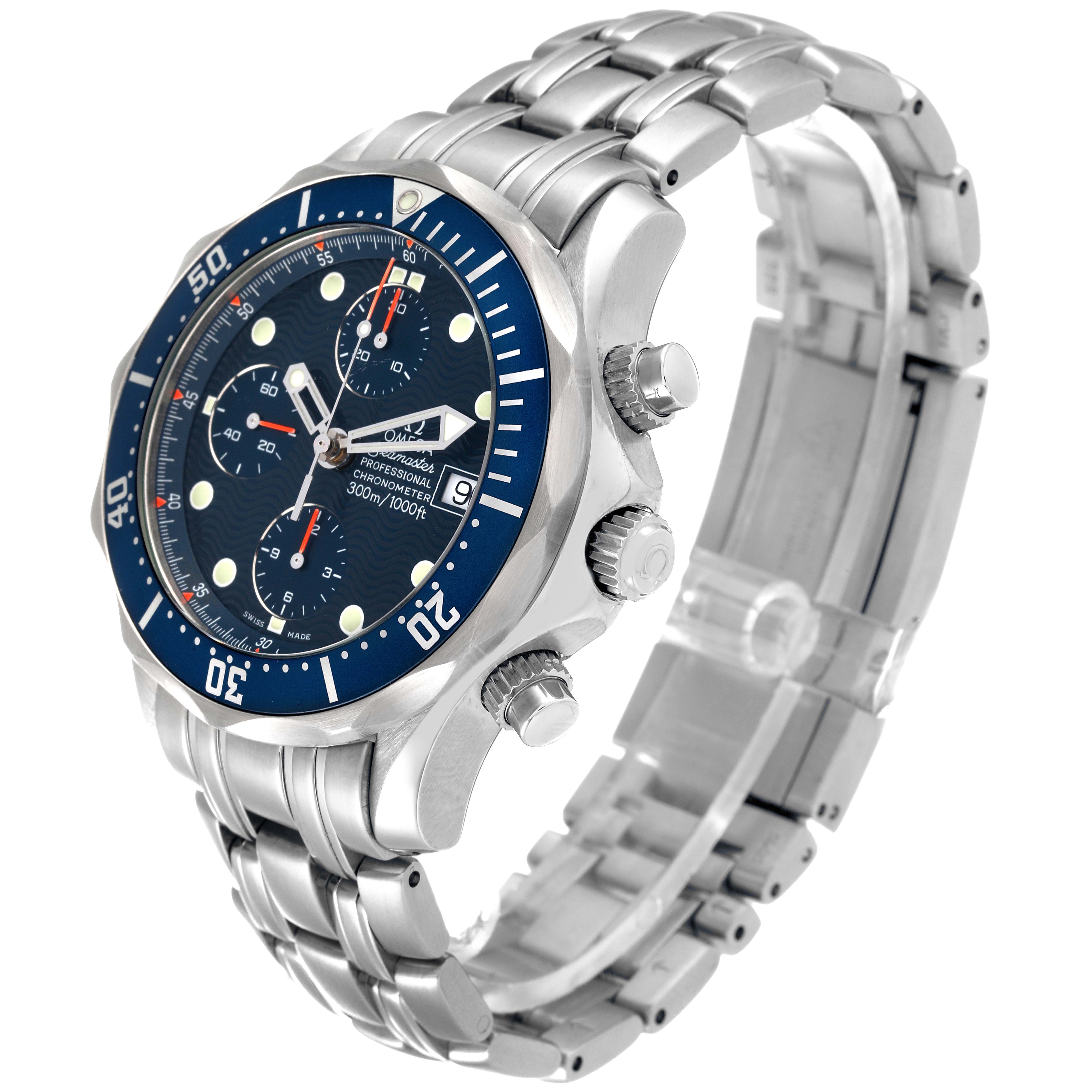 The Omega Seamaster 2599.80.00 Men's Stainless Steel Blue Dial 2599.80.00 Men's Stainless Steel Blue Dial watch is shown at a three-quarter angle, highlighting the dial, bezel, crown, pushers, and bracelet.