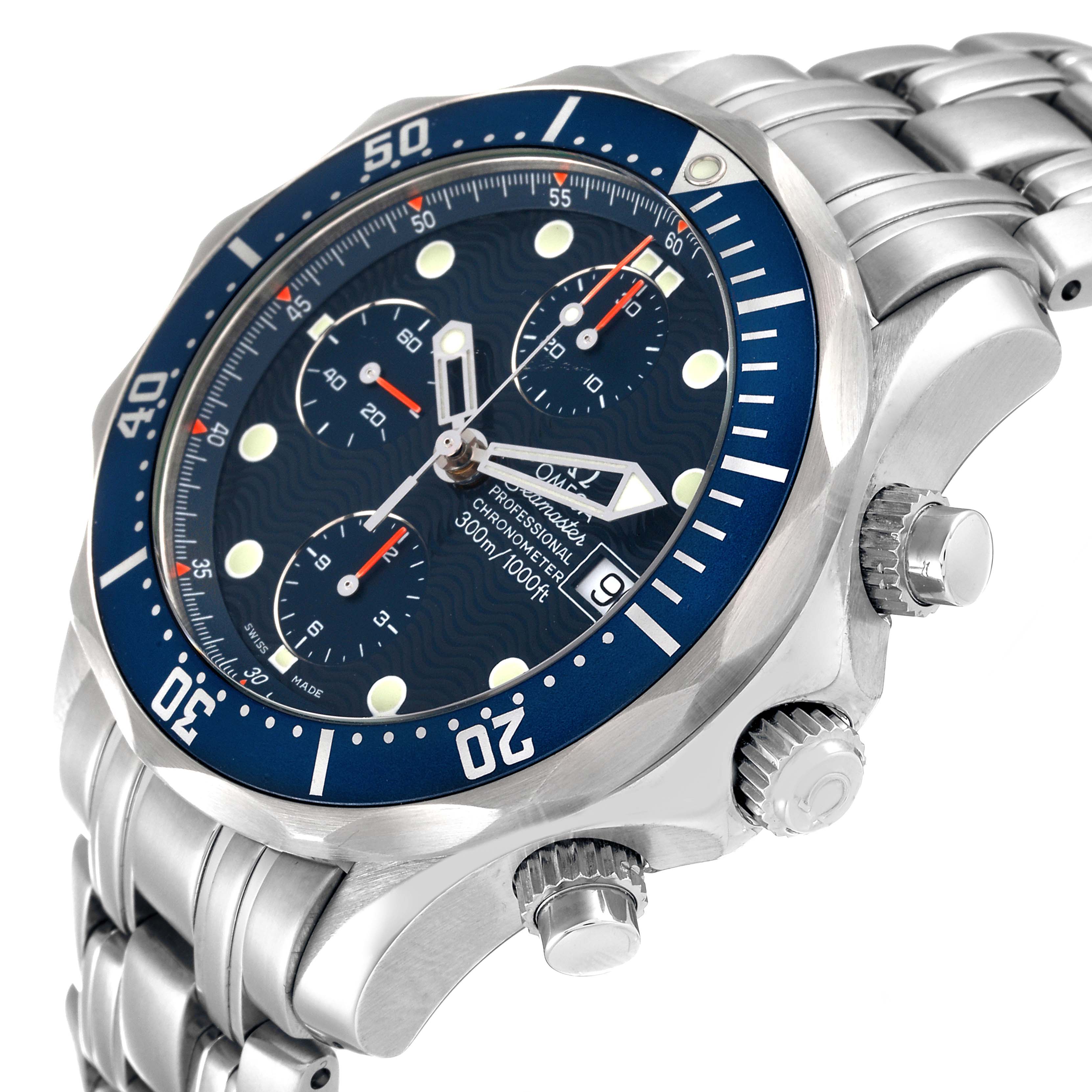 This image shows the Omega Seamaster 2599.80.00 Men's Stainless Steel Blue Dial 2599.80.00 Men's Stainless Steel Blue Dial watch at a three-quarters angle, highlighting its bezel, dial, subdials, crown, and bracelet.
