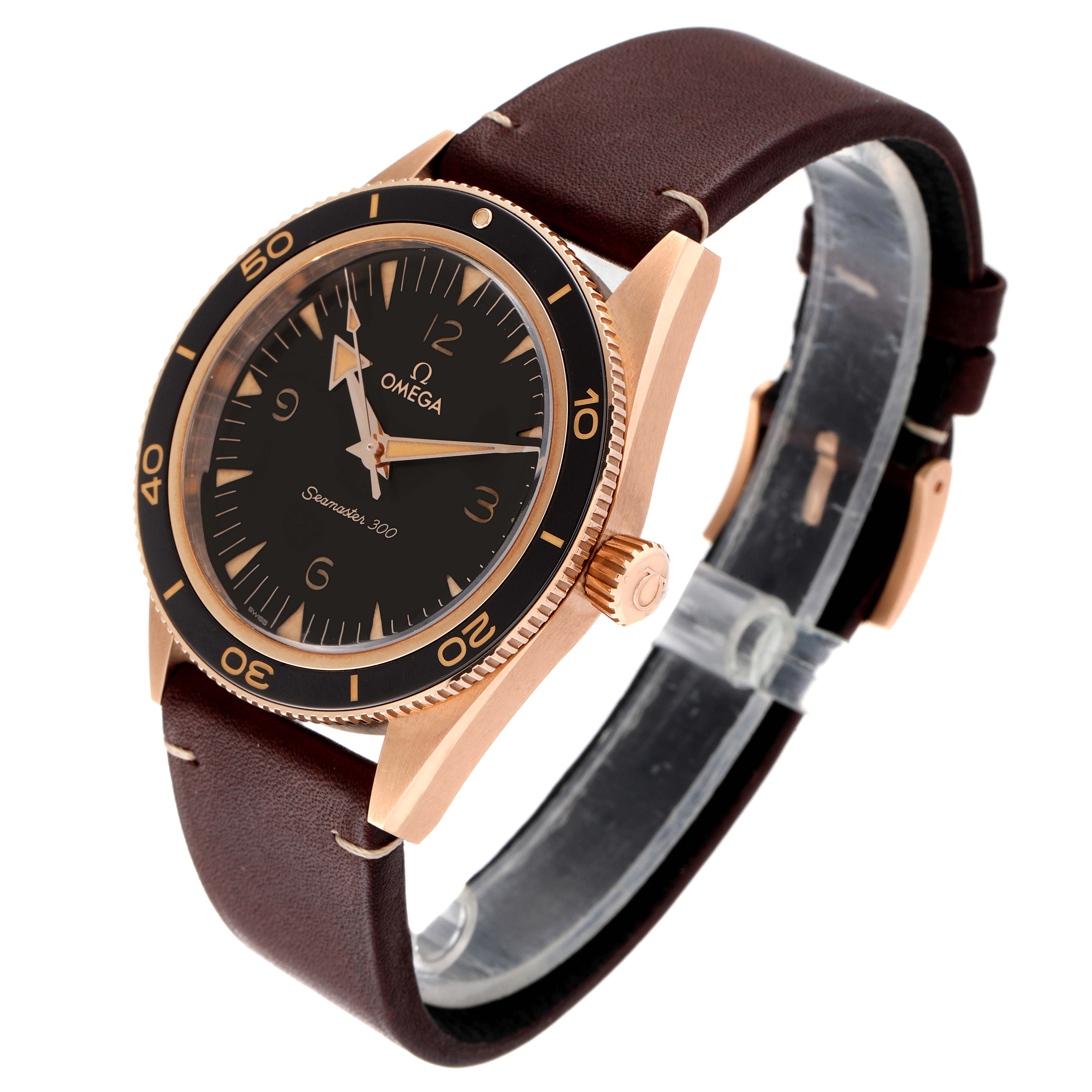 The image shows an angled view of the Omega Seamaster 234.92.41.21.10.001 Men's Bronze Black Dial 234.92.41.21.10.001 Men's Bronze Black Dial 300, highlighting the watch face, bezel, crown, and brown leather strap.