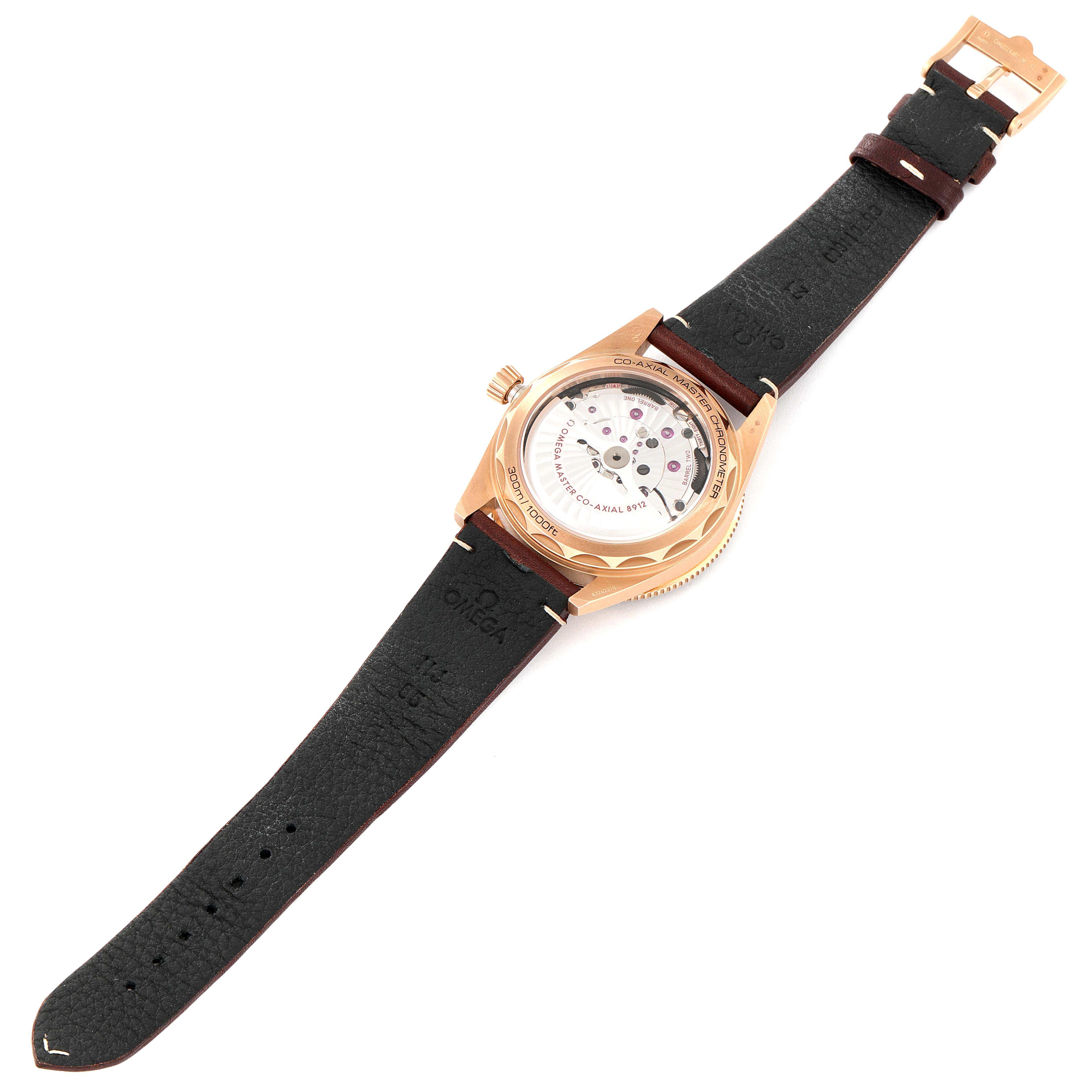 The image shows the back view of an Omega Seamaster 234.92.41.21.10.001 Men's Bronze Black Dial 234.92.41.21.10.001 Men's Bronze Black Dial watch, highlighting its exposed movement and black leather strap.