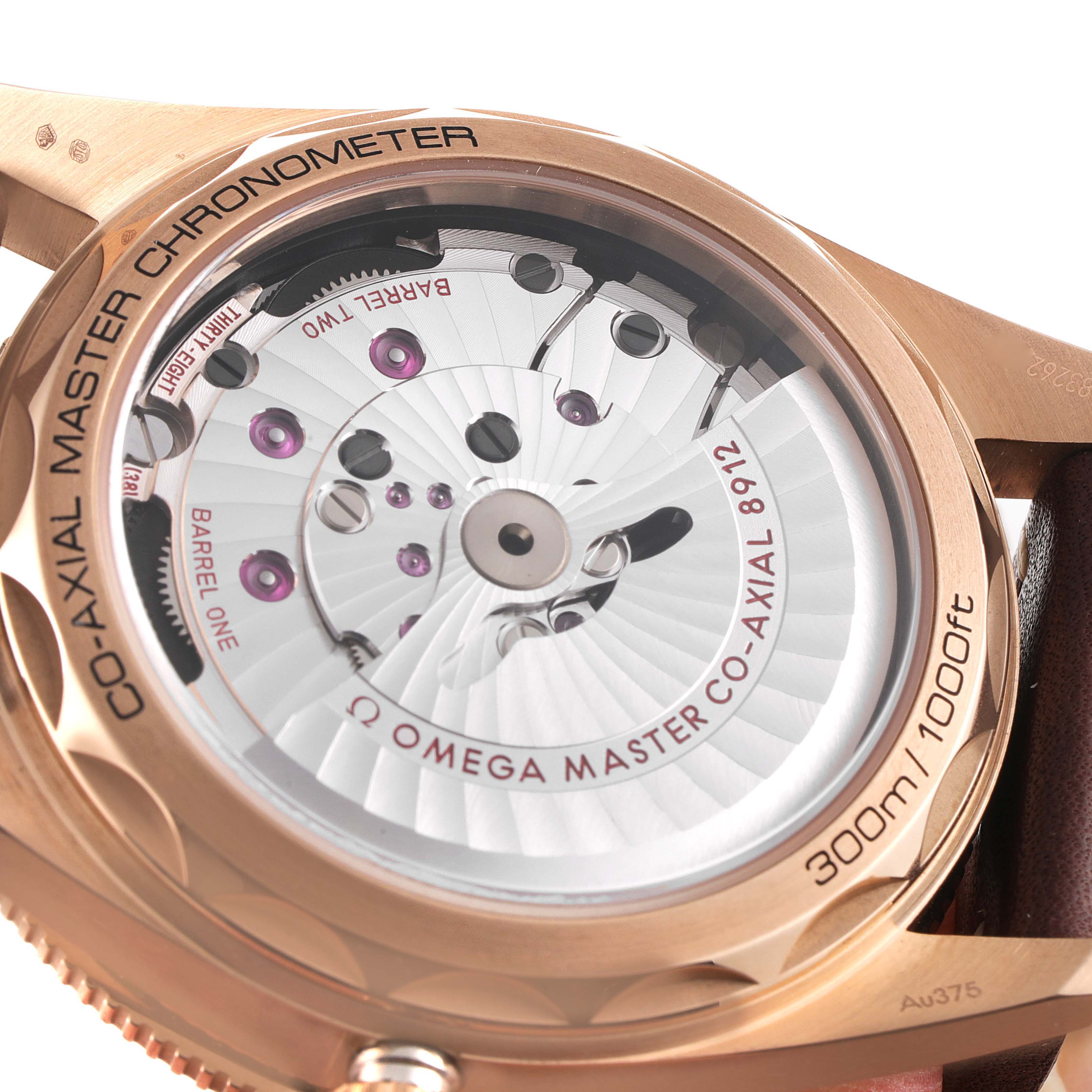 The image shows the back view of the Omega Seamaster 234.92.41.21.10.001 Men's Bronze Black Dial 234.92.41.21.10.001 Men's Bronze Black Dial watch, highlighting its intricate movement and components.