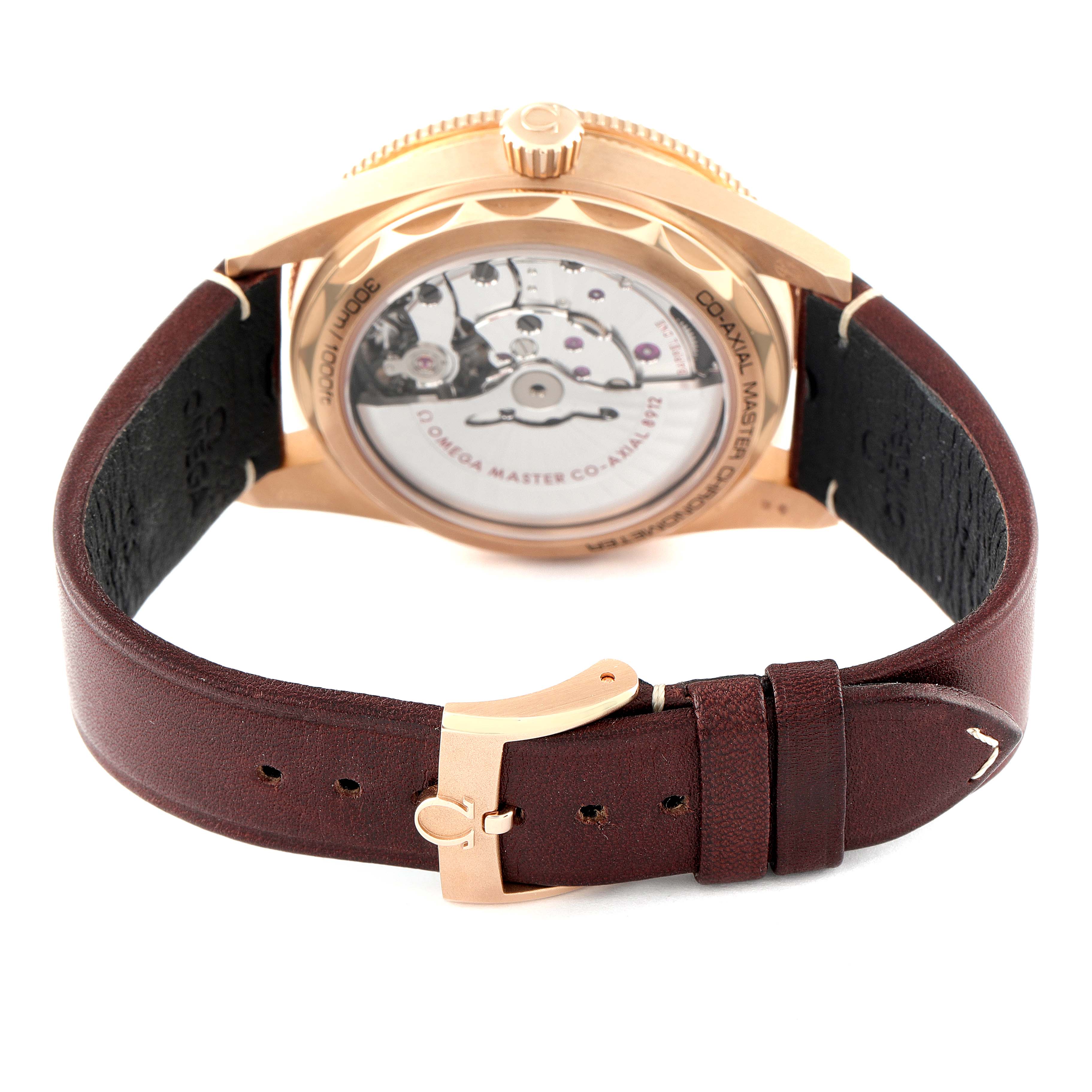 The image shows the backside of an Omega Seamaster 234.92.41.21.10.001 Men's Bronze Black Dial 234.92.41.21.10.001 Men's Bronze Black Dial watch, highlighting its mechanism and brown leather strap.