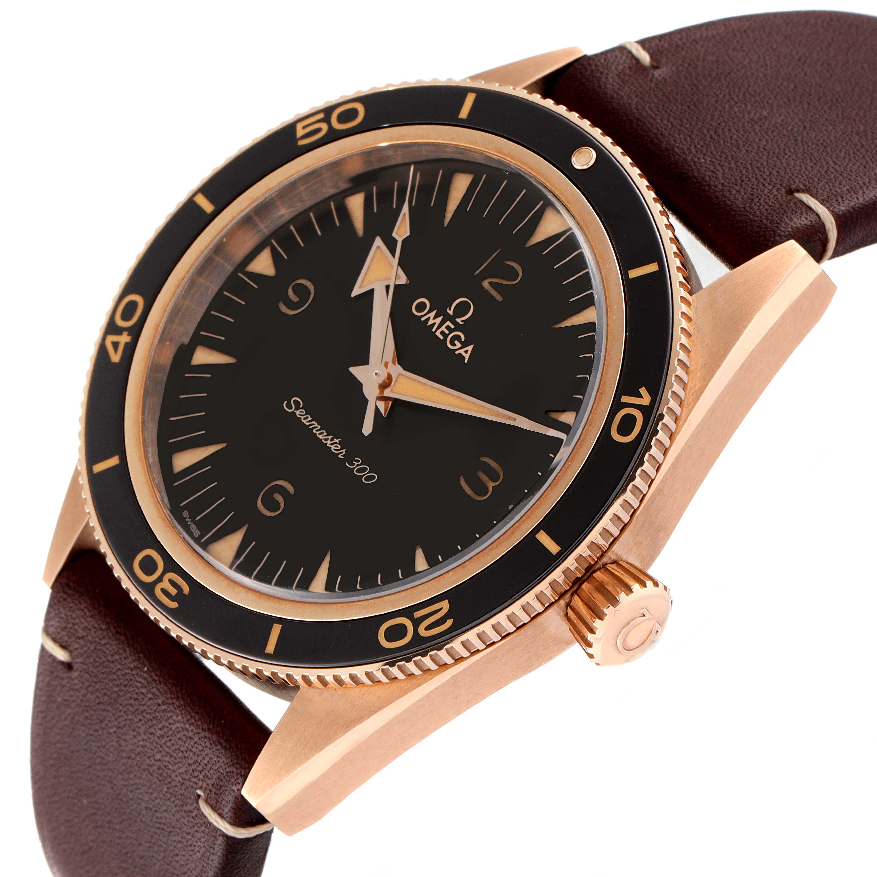 The image shows an angled view of an Omega Seamaster 234.92.41.21.10.001 Men's Bronze Black Dial 234.92.41.21.10.001 Men's Bronze Black Dial 300 watch, displaying the face, bezel, crown, and a portion of the leather strap.