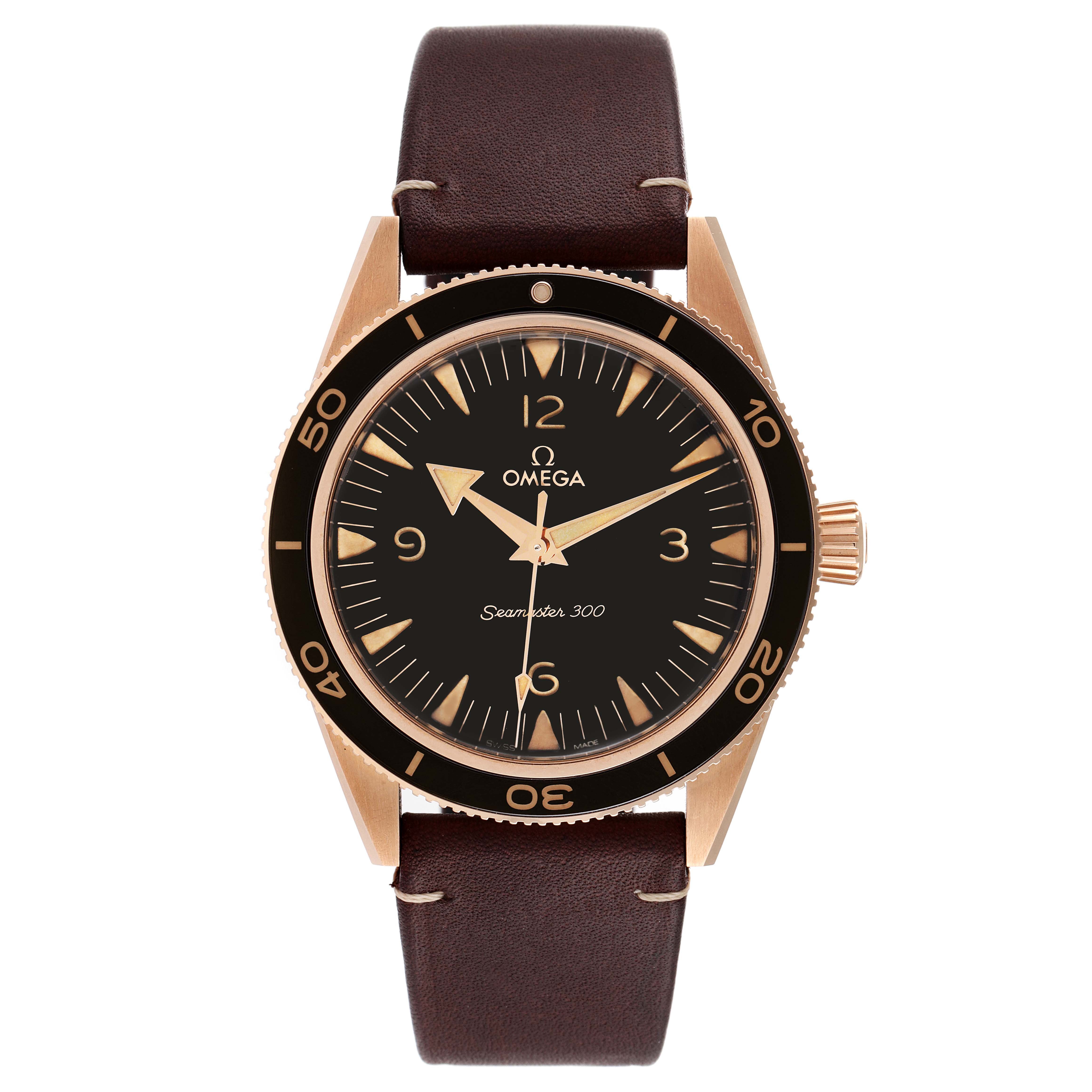 The image shows a front view of the Omega Seamaster 234.92.41.21.10.001 Men's Bronze Black Dial 234.92.41.21.10.001 Men's Bronze Black Dial 300 watch with a black dial, gold case, and brown leather strap.