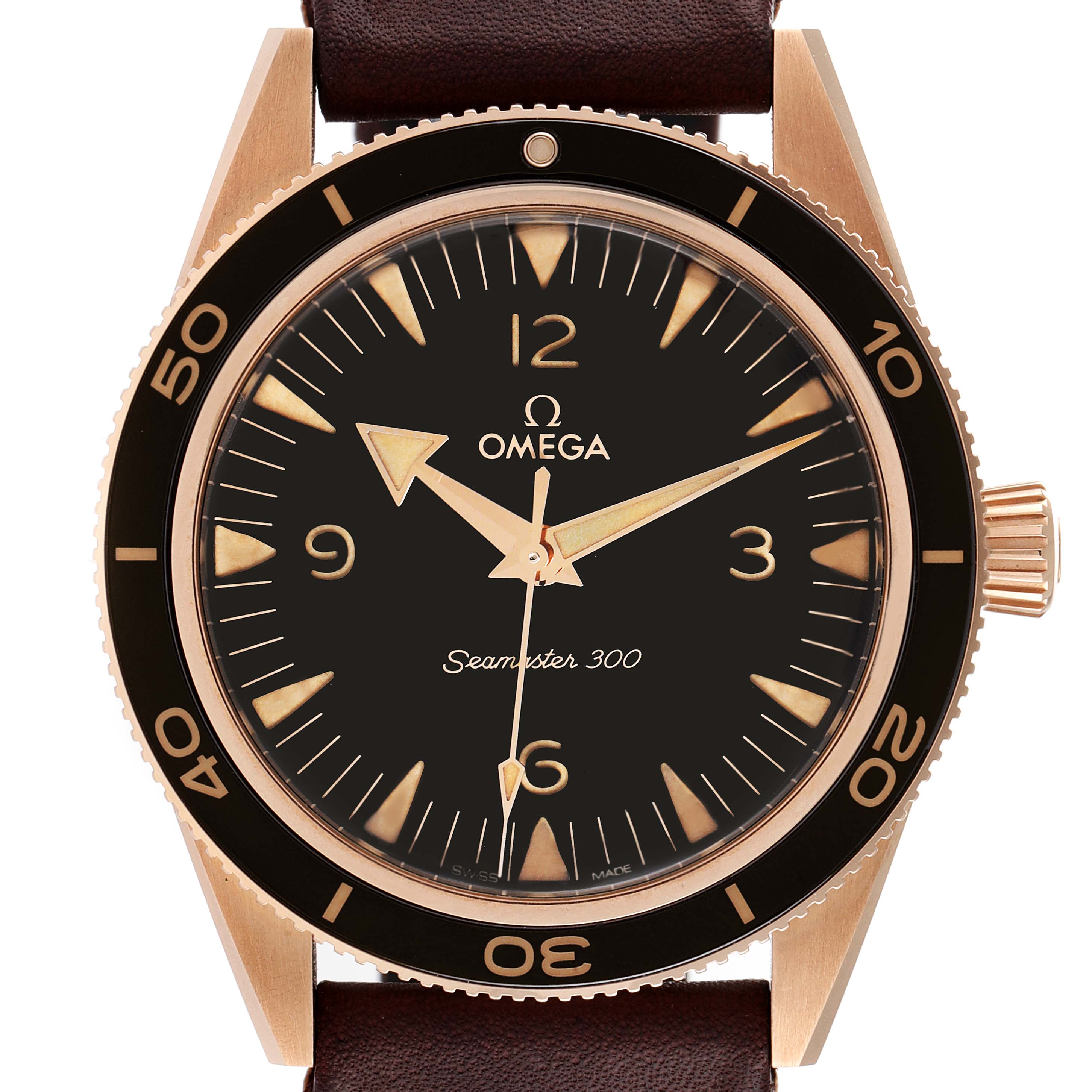 The image shows a front-facing view of the Omega Seamaster 234.92.41.21.10.001 Men's Bronze Black Dial 234.92.41.21.10.001 Men's Bronze Black Dial 300 watch, highlighting its bezel, crown, and dial.