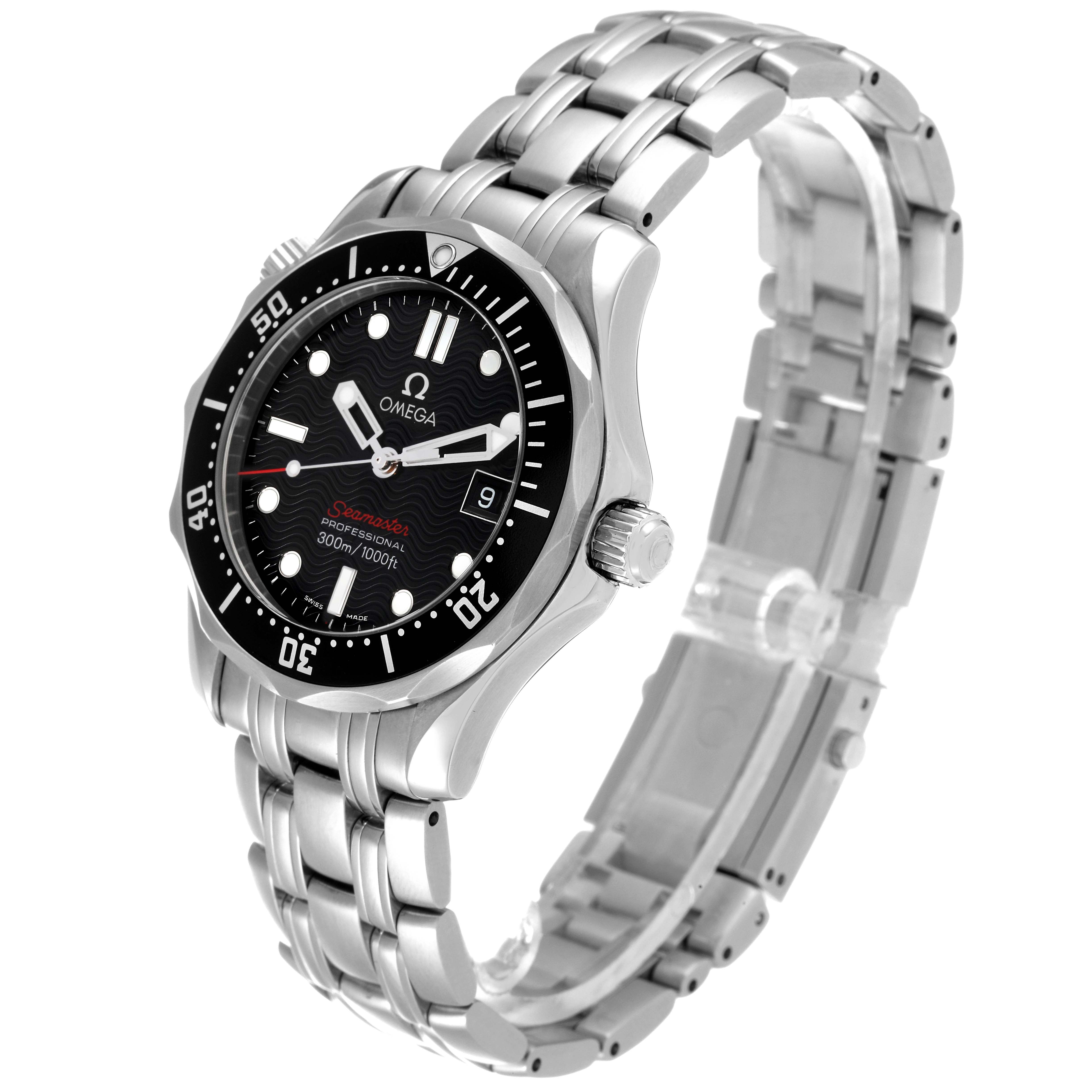 This image shows an angled view of the Omega Seamaster 212.30.36.61.01.001 Men's Stainless Steel Black Dial 212.30.36.61.01.001 Men's Stainless Steel Black Dial watch, highlighting its face, bezel, crown, and metal bracelet.