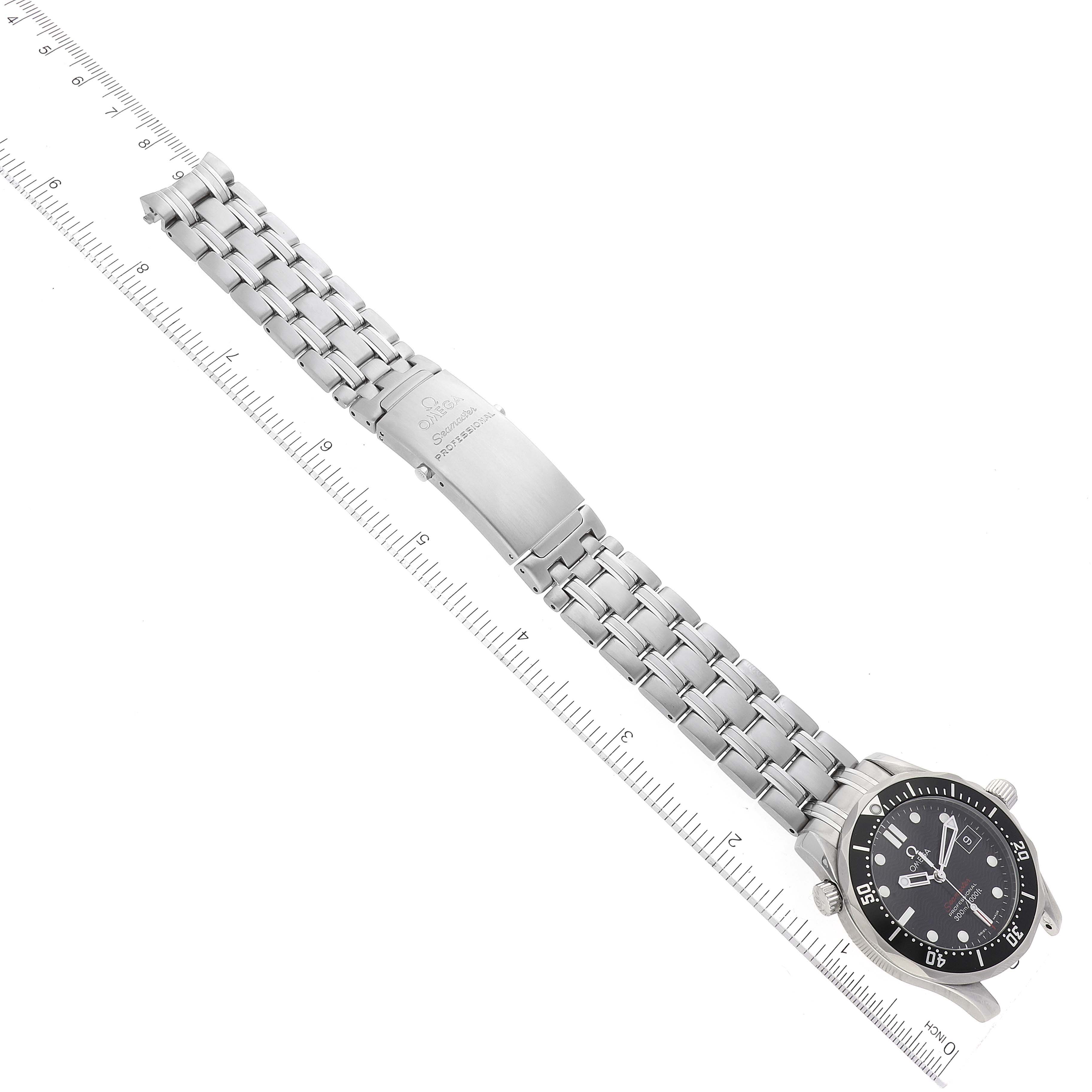 This image shows an Omega Seamaster 212.30.36.61.01.001 Men's Stainless Steel Black Dial 212.30.36.61.01.001 Men's Stainless Steel Black Dial watch laid flat at an angle, displaying the full metal bracelet and part of the face.