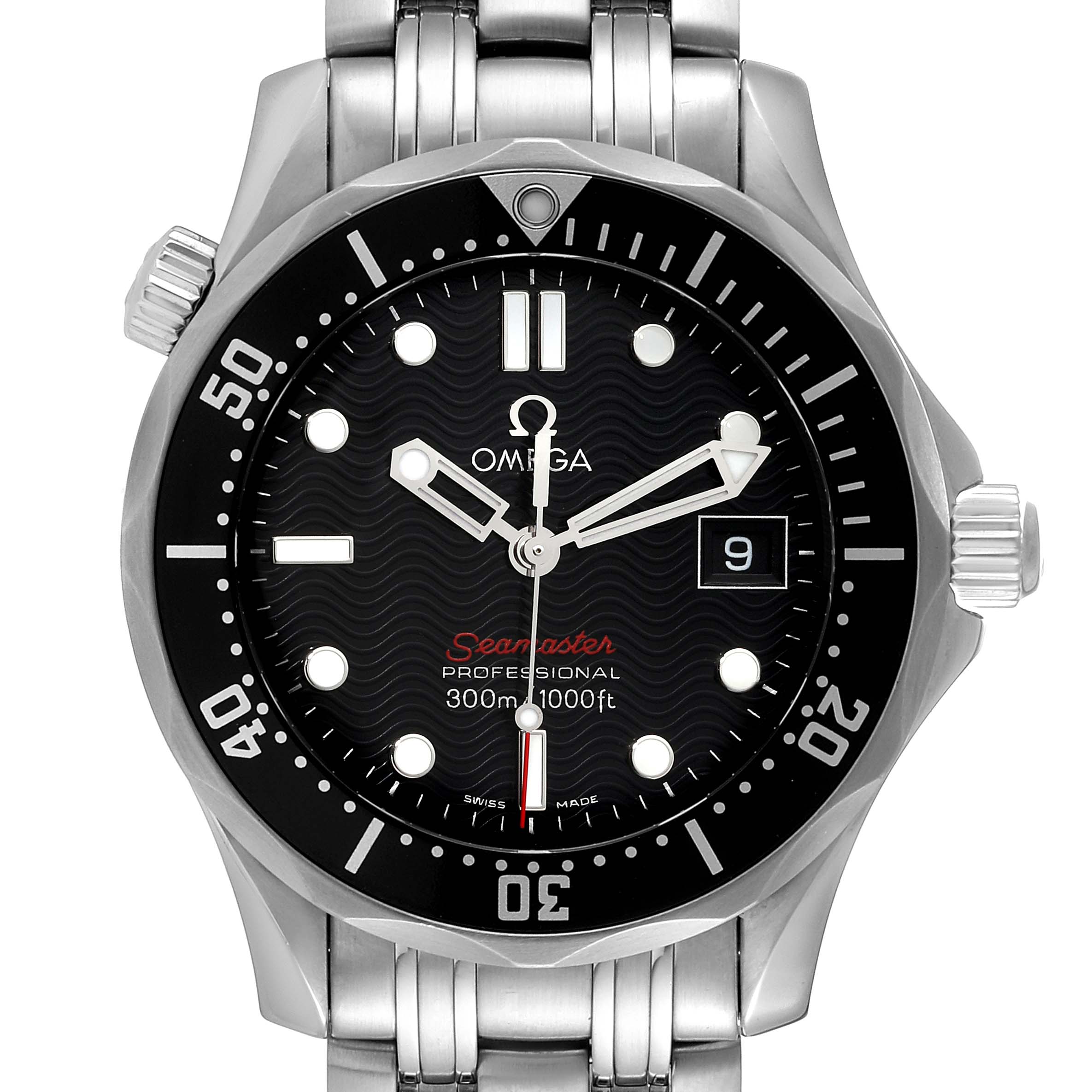 This image shows a front view of an Omega Seamaster 212.30.36.61.01.001 Men's Stainless Steel Black Dial 212.30.36.61.01.001 Men's Stainless Steel Black Dial Professional watch, highlighting its dial, bezel, and bracelet.